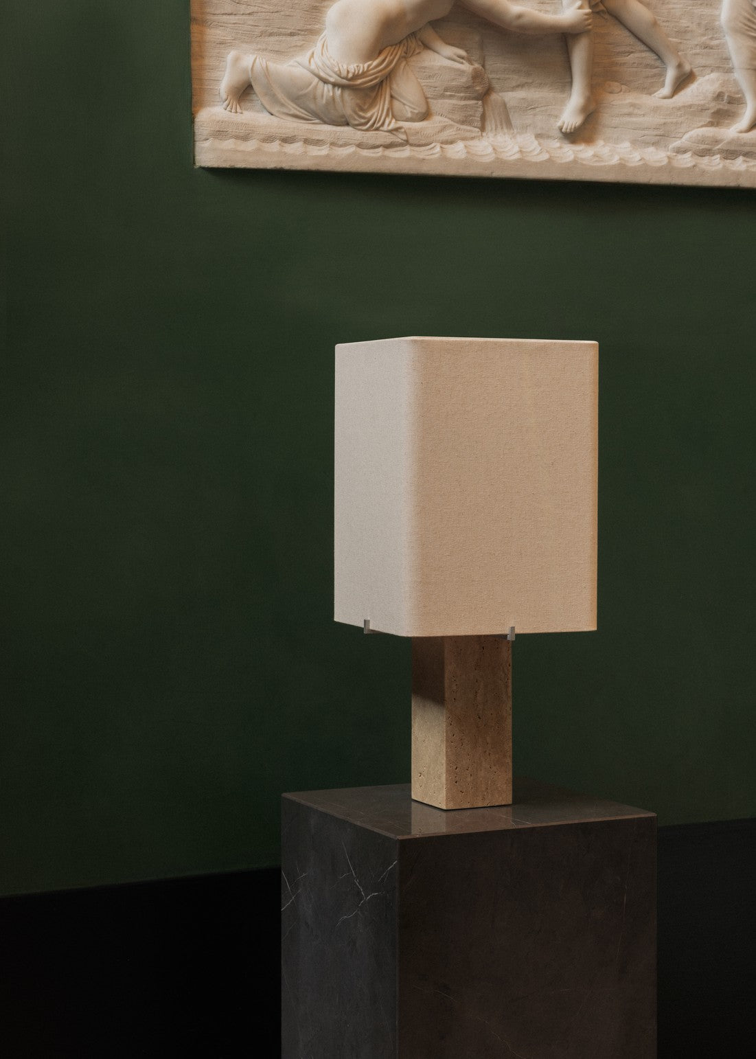 NONNA table lamp with travertine base and linen shade