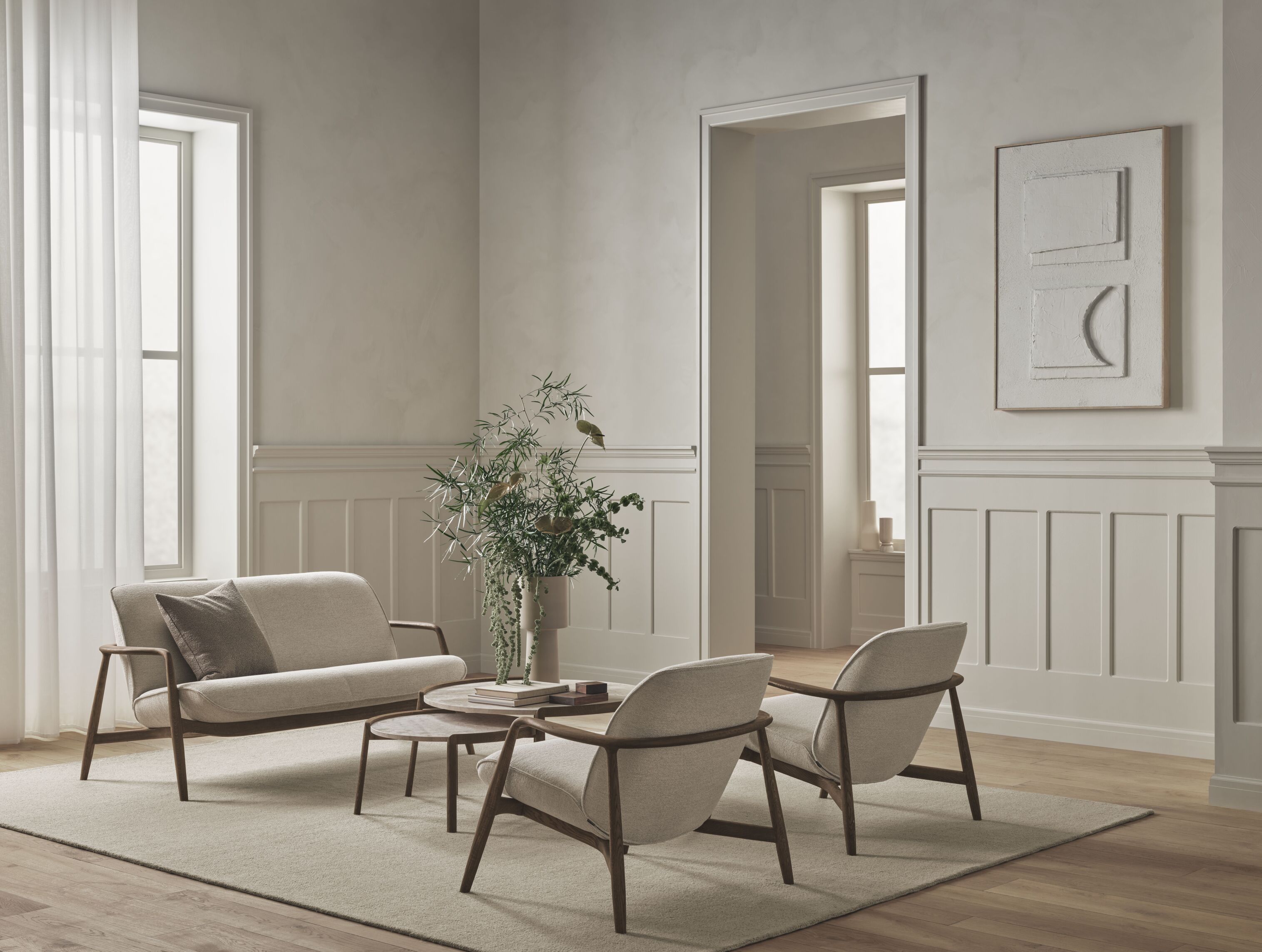 Pohovka čalouněná BOWIE s podstavou z tmavého dubového dřeva