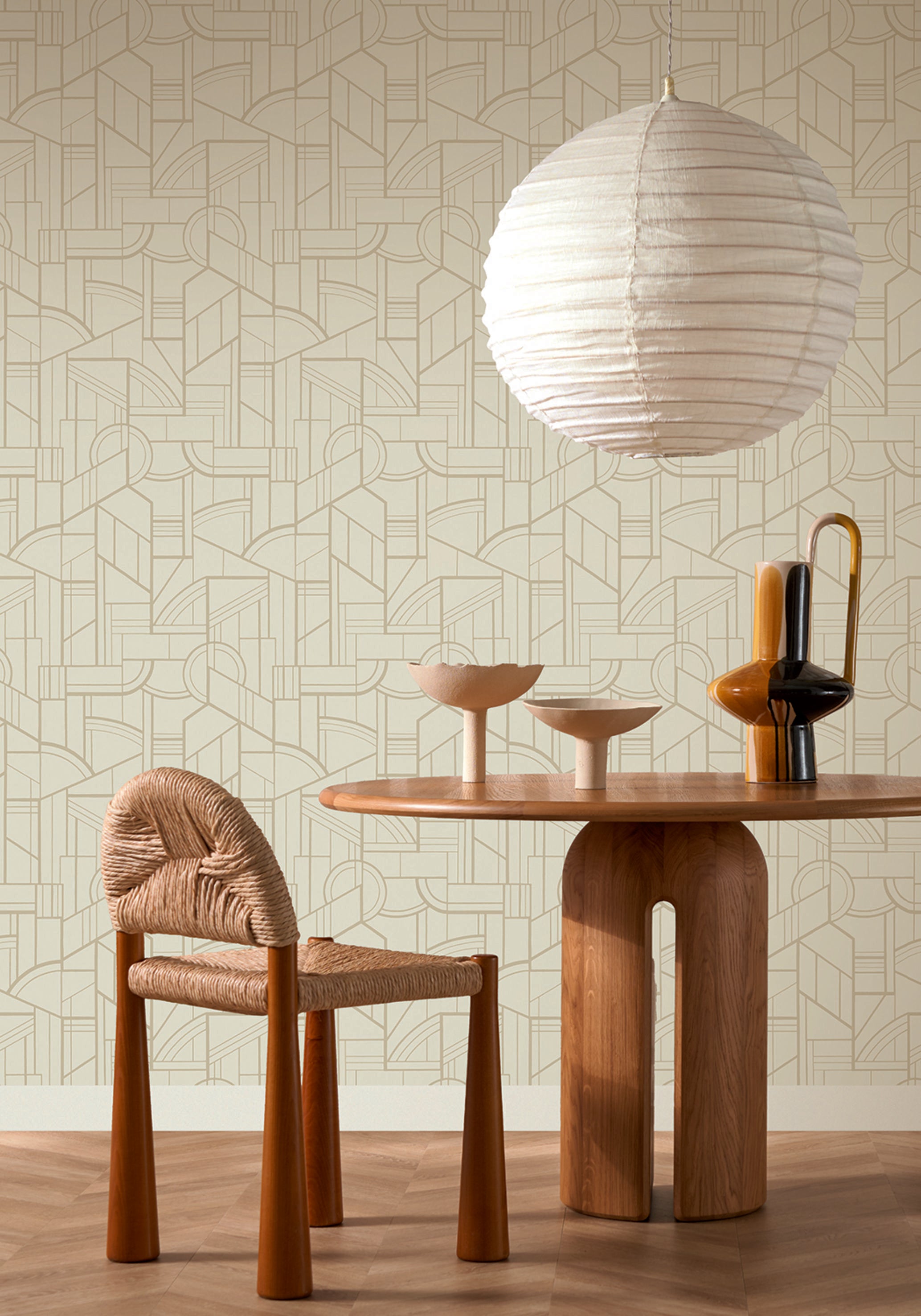 Metallic Wallpaper with Geometric Pattern CINÉTIQUE - SAND/GOLD beige with gold