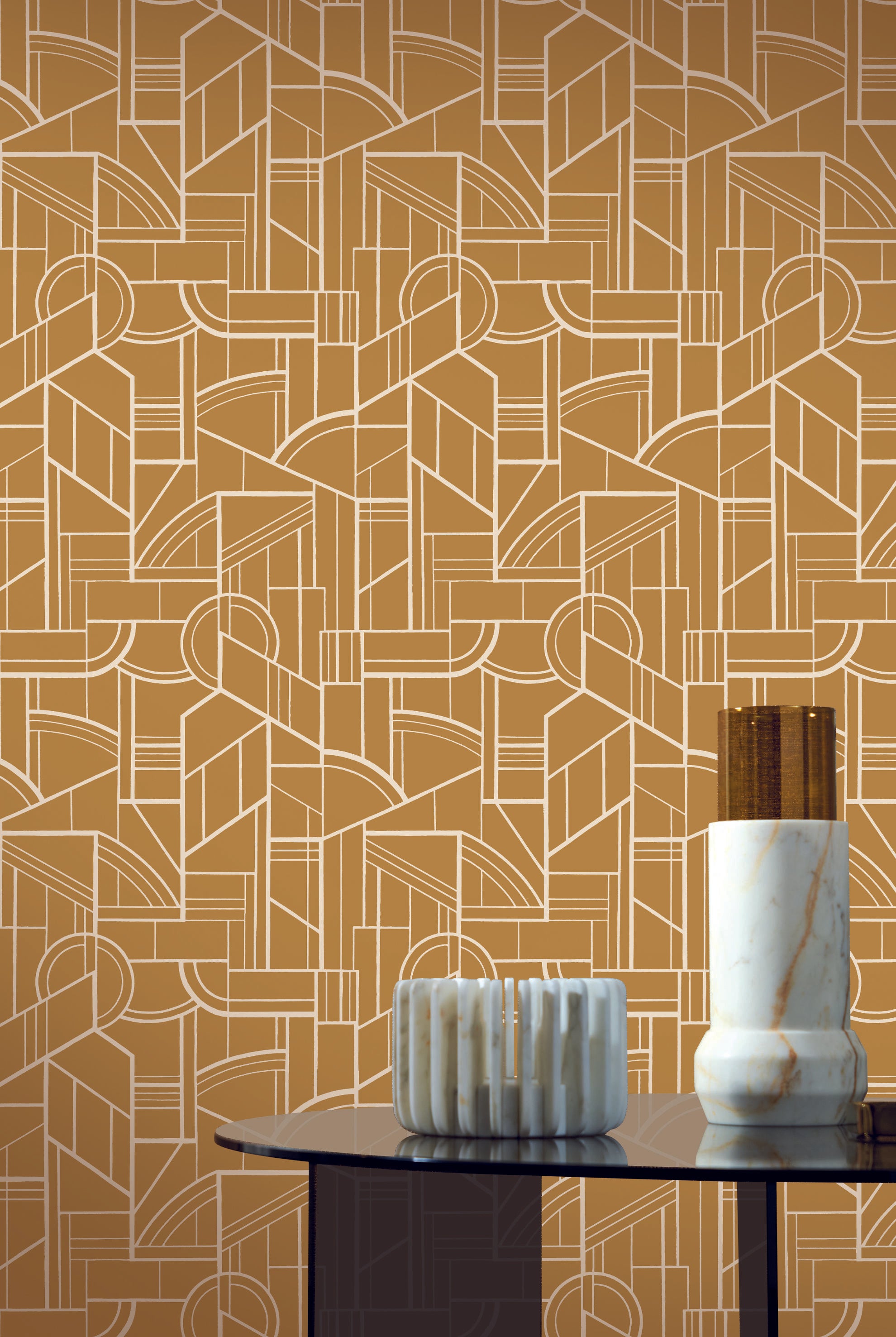 Metallic wallpaper with geometric pattern CINÉTIQUE - COPPER with beige
