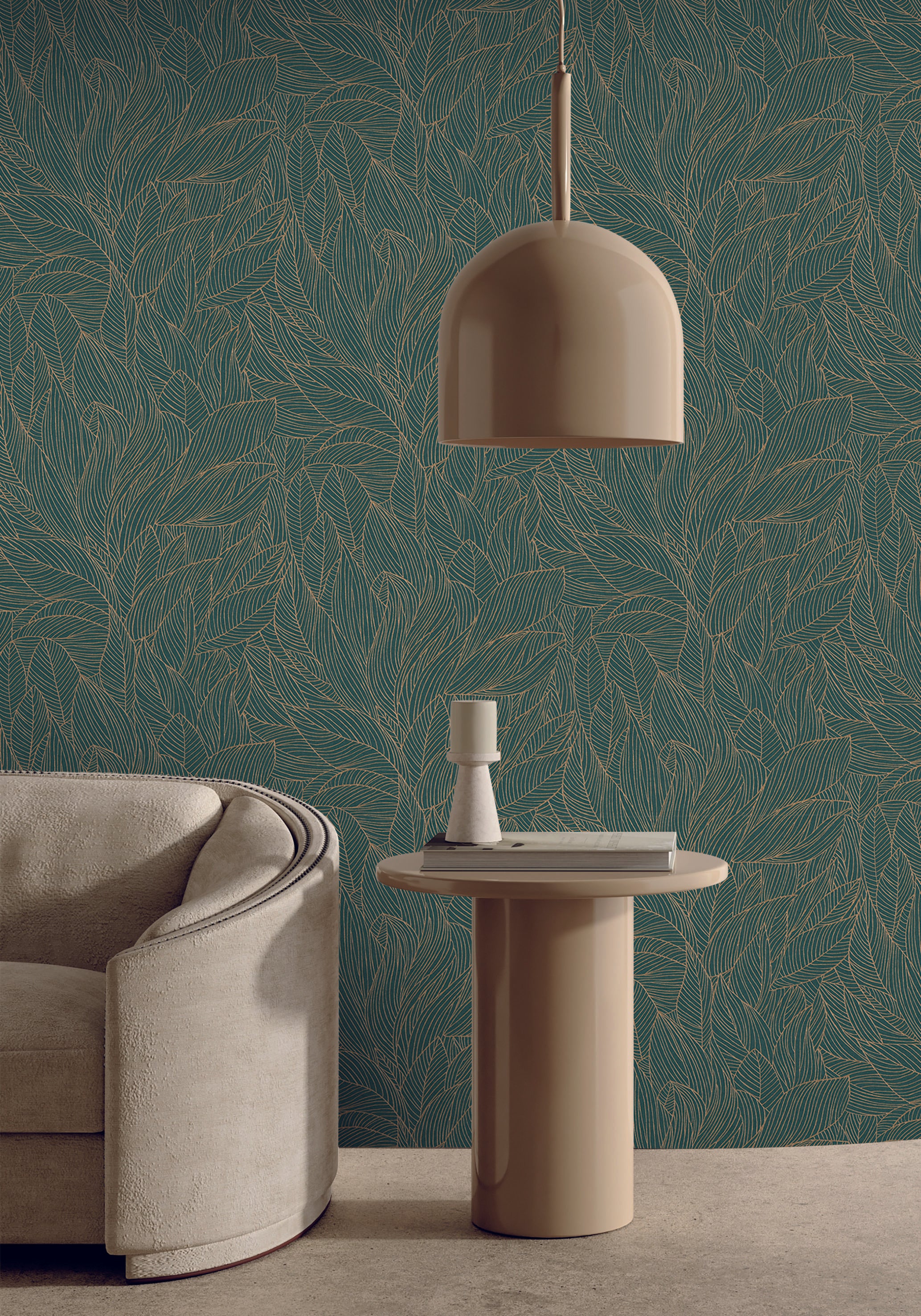 Hosta Wallpaper with Leaf Plant Motif and Metallic Effect - Green with Gold
