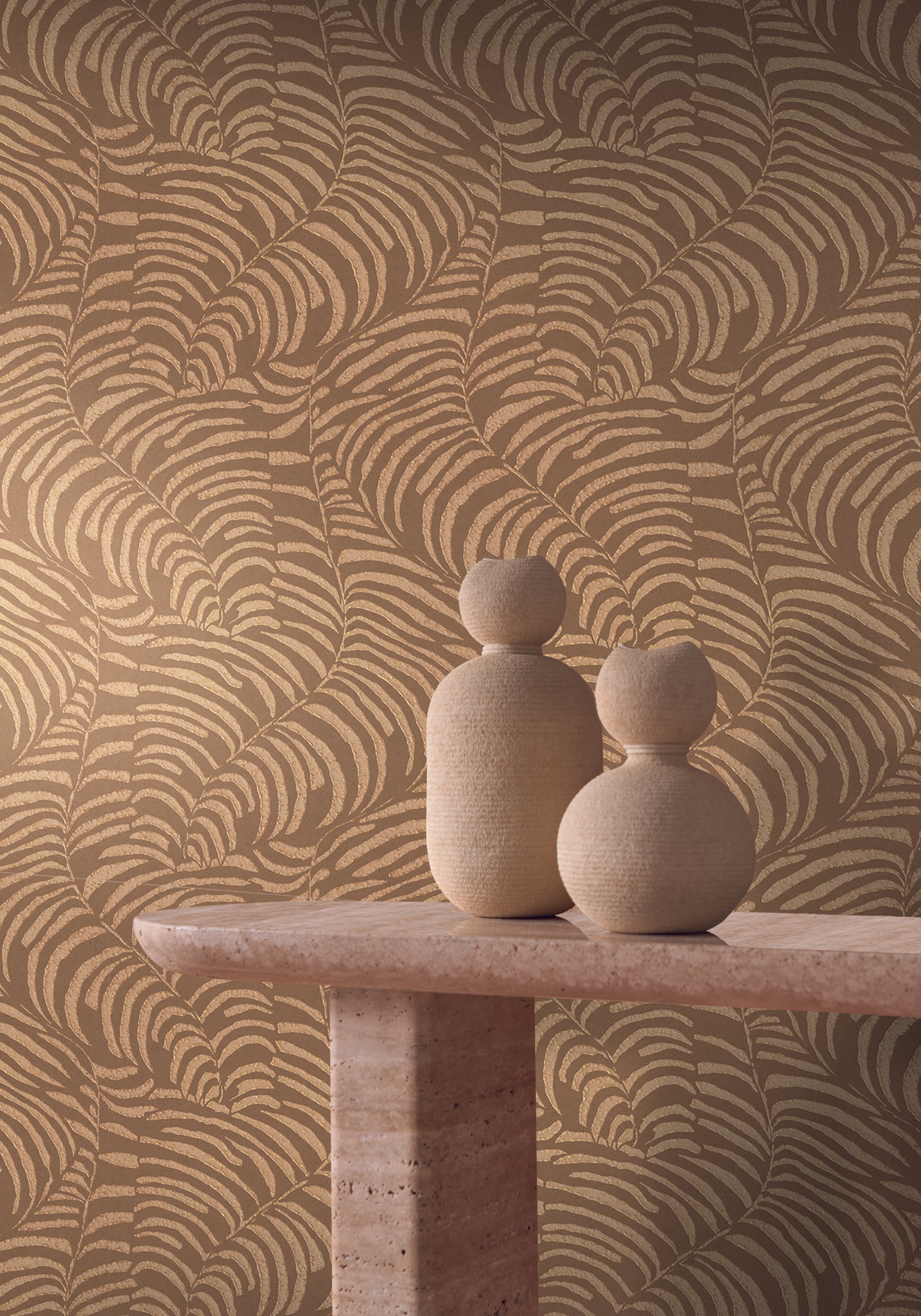 Metallic wallpaper with a fern leaf plant motif NOBILE - MORDORÉ copper with gold