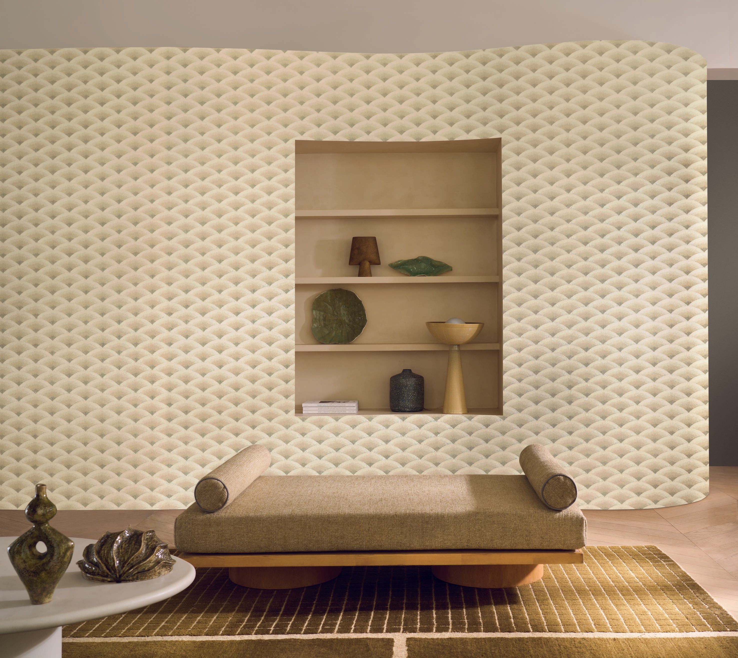 Structural wallpaper imitating geometric embroidery in wave pattern NAMI - SABLE/EUCALYPTUS sandy beige with green