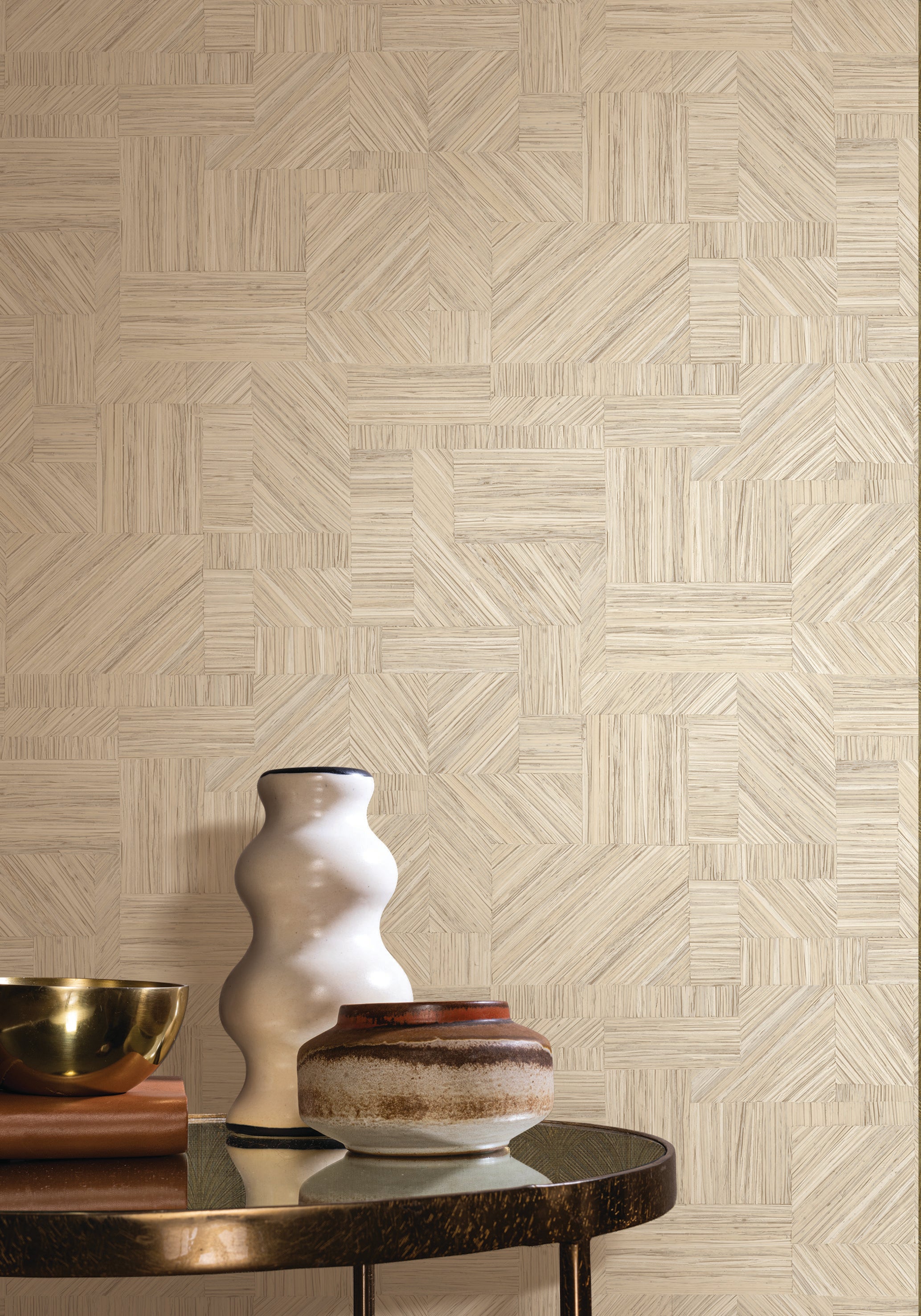Geometric Textured Wallpaper Imitating Straw Patchwork IMBRICATION - IVORY Beige