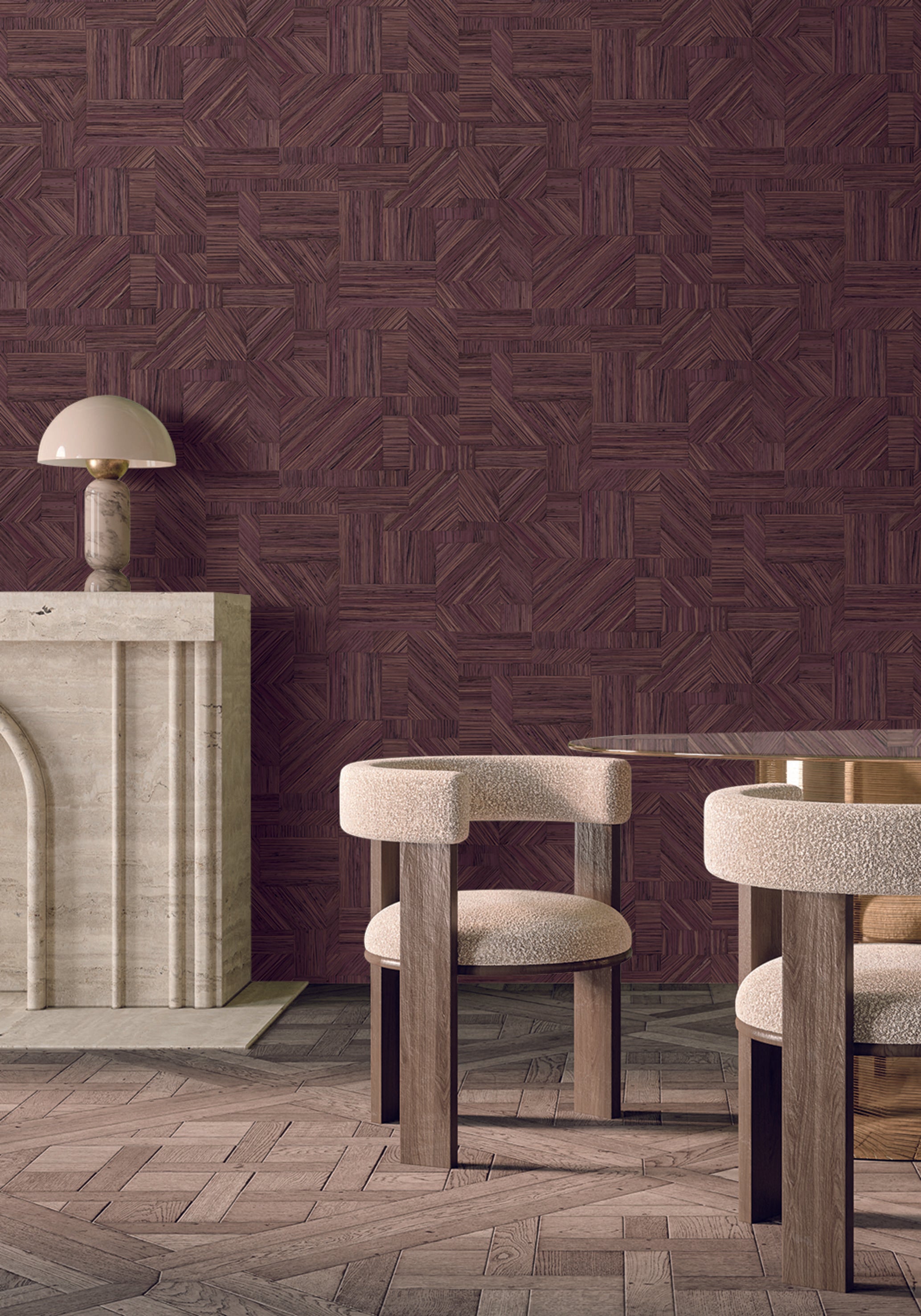 Geometric Structural Wallpaper Imitating Straw Patchwork IMBRICATION - PRUNE Burgundy