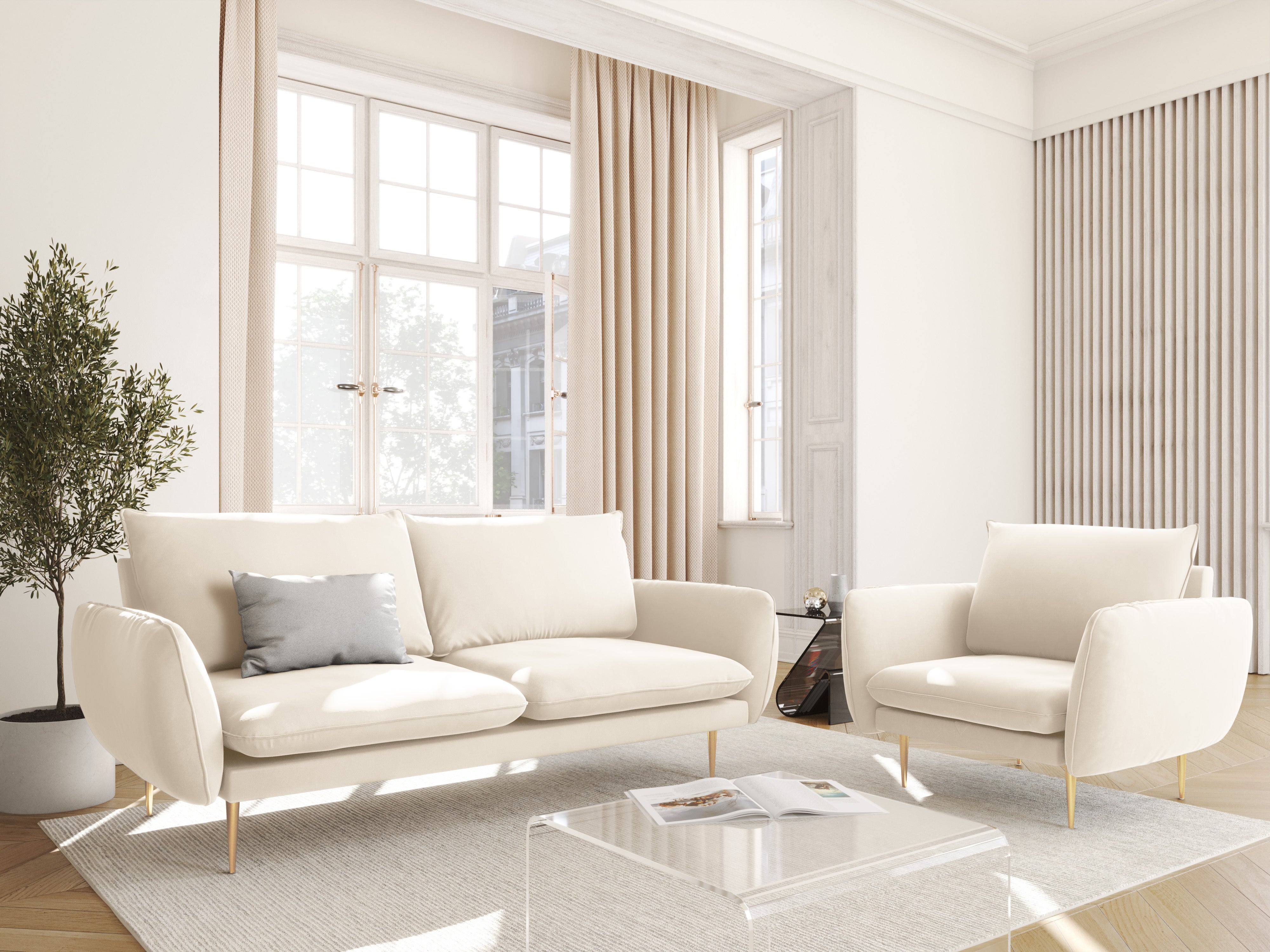 Sofa sametová 2-osobová VIENNA béžová se zlatým podstavcem