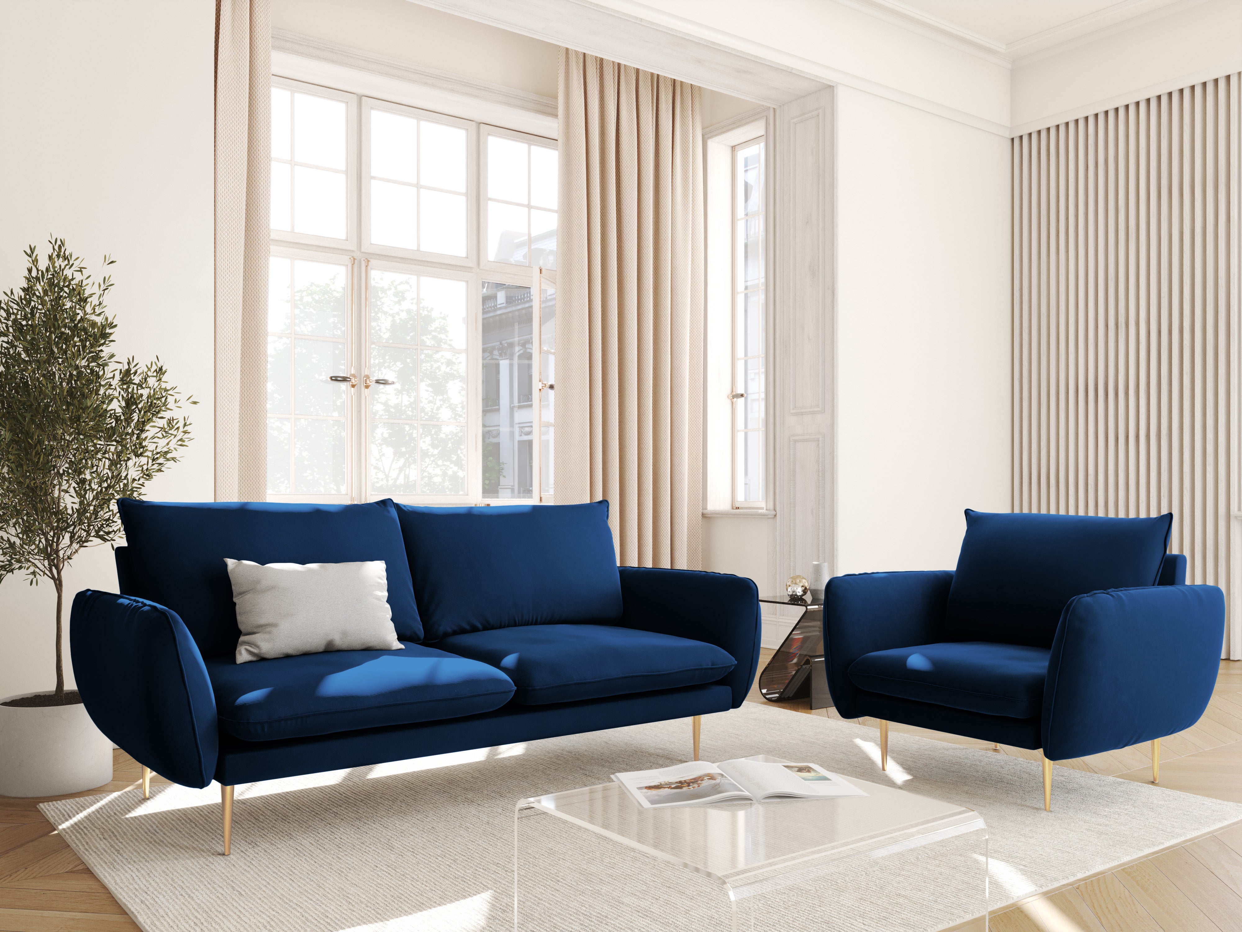 Velvet 2-seater Sofa VIENNA royal blue with a gold base