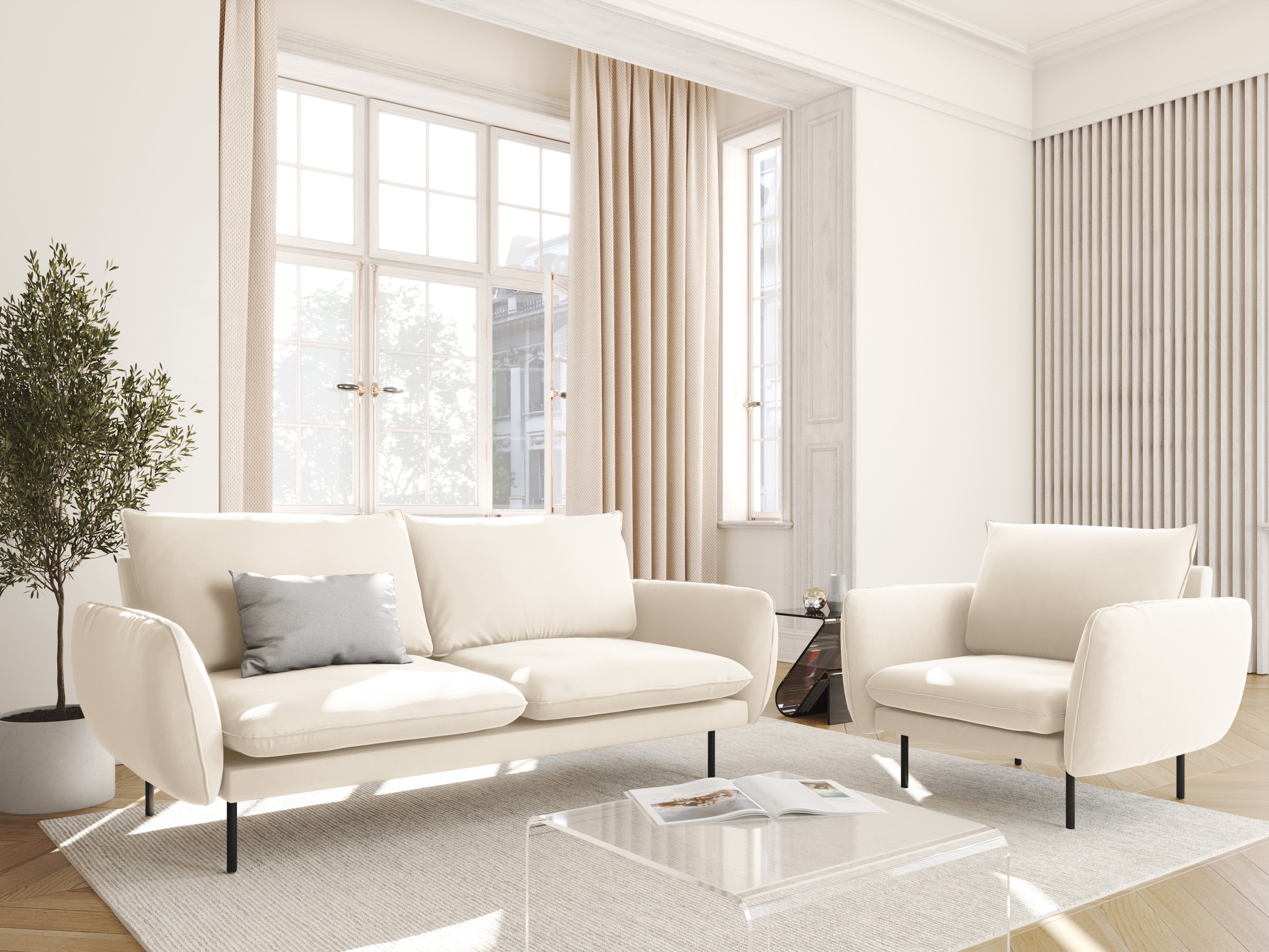 Sofa sametová 2-osobová VIENNA béžová s černým podstavcem