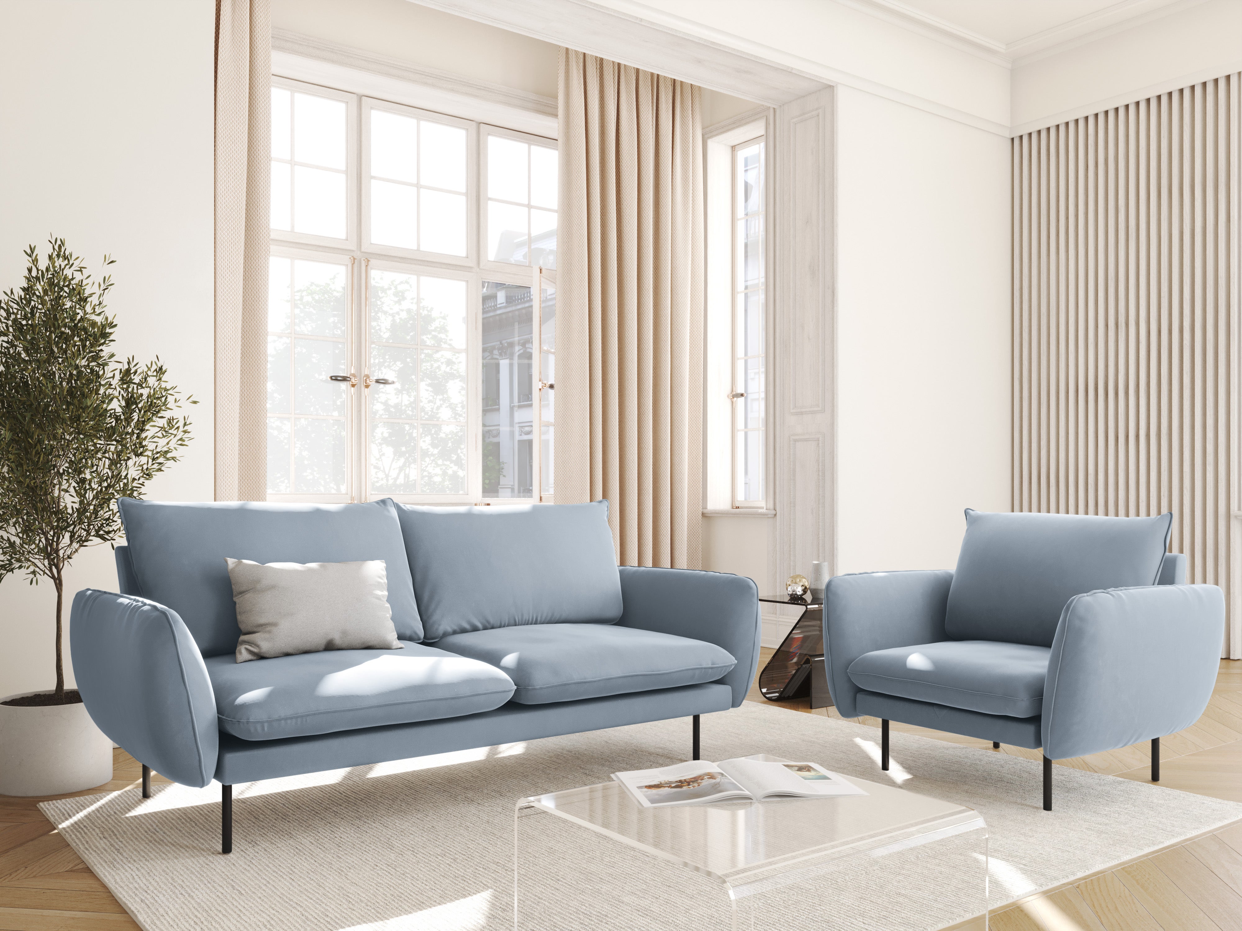Velvet 2-seater Sofa VIENNA light blue with black base