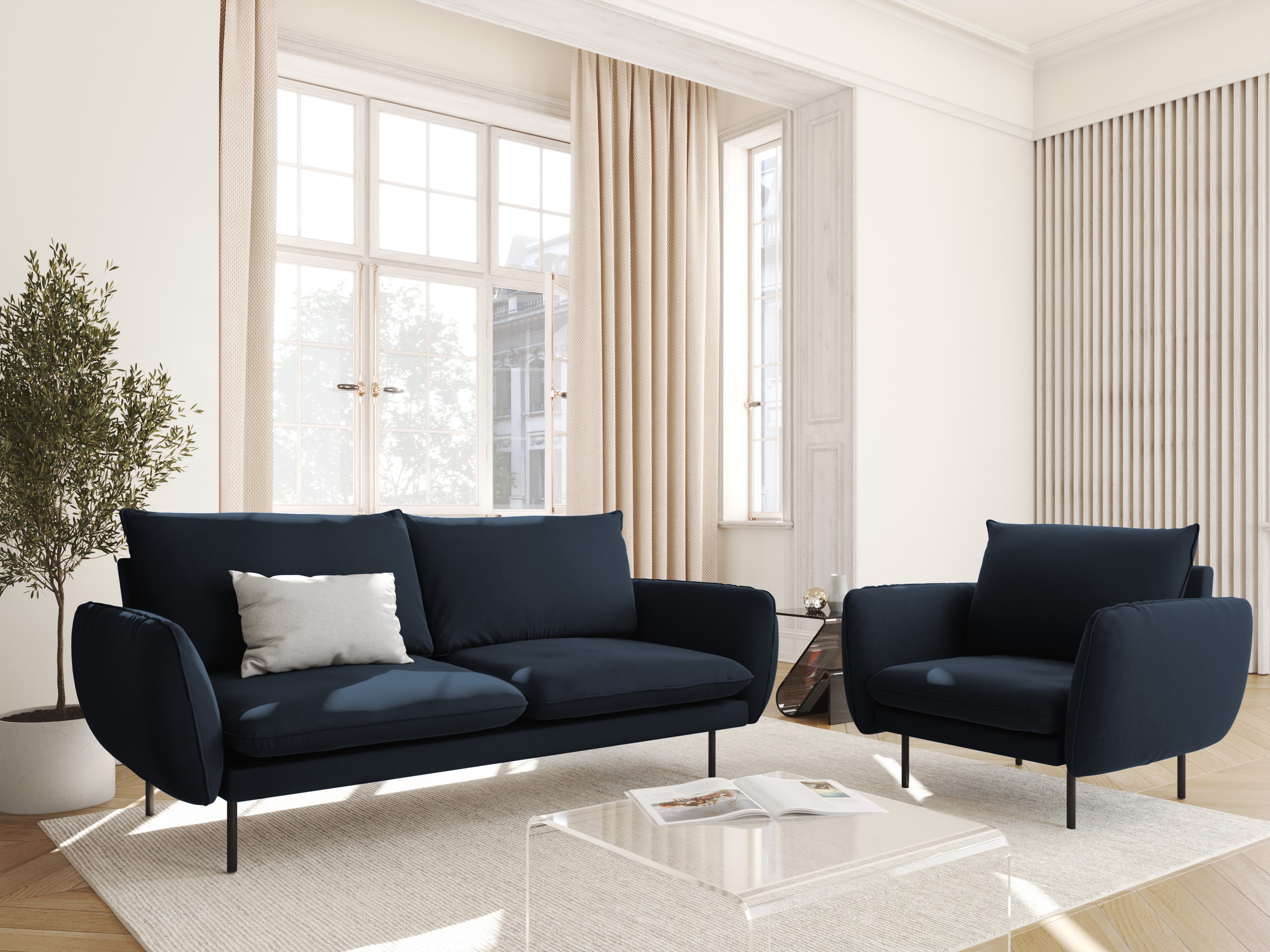 Sofa sametová 2-osobová VIENNA tmavě modrá s černým podstavcem