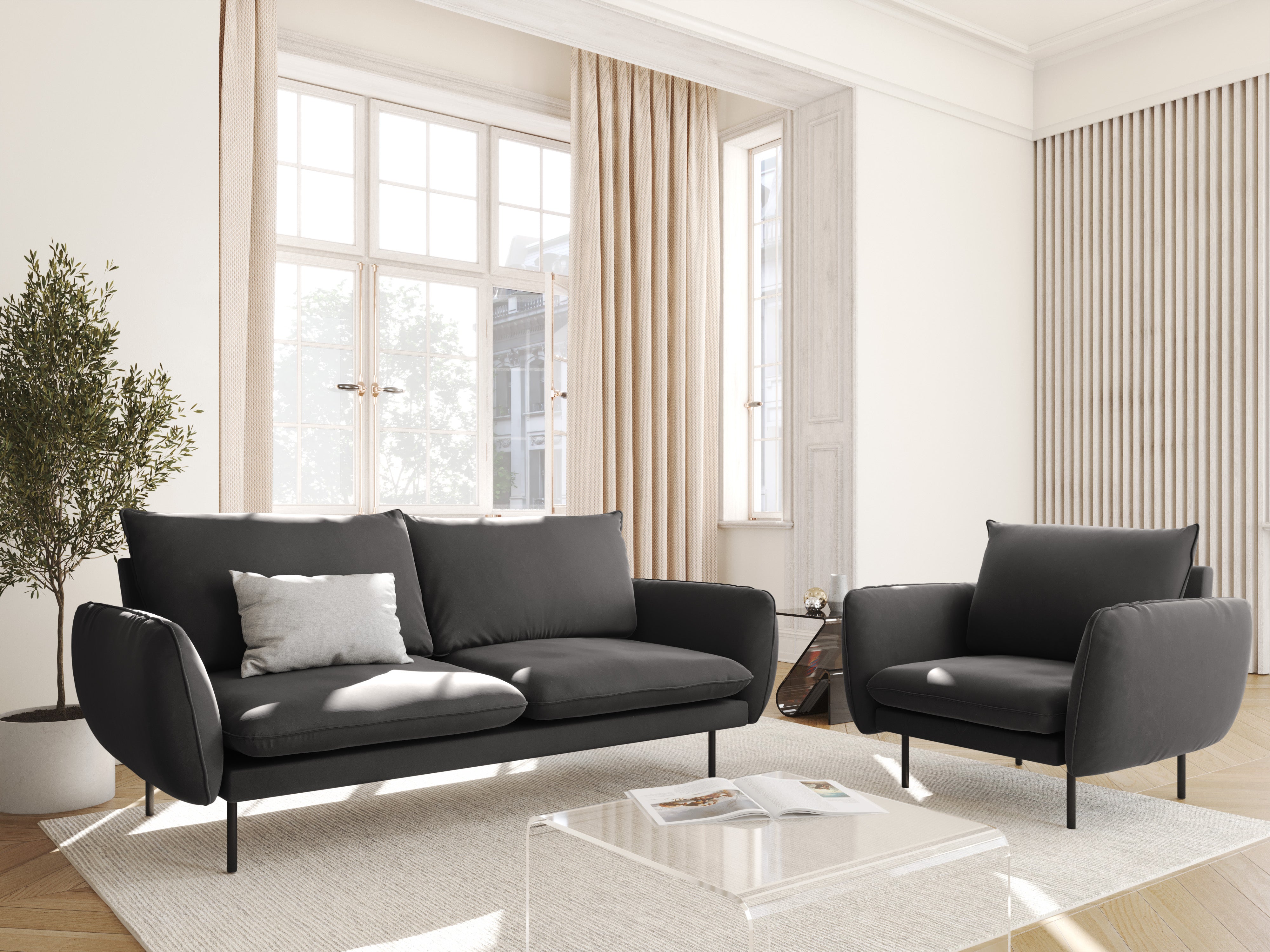 Sofa sametová 2-osobová VIENNA tmavě šedá s černým podstavcem