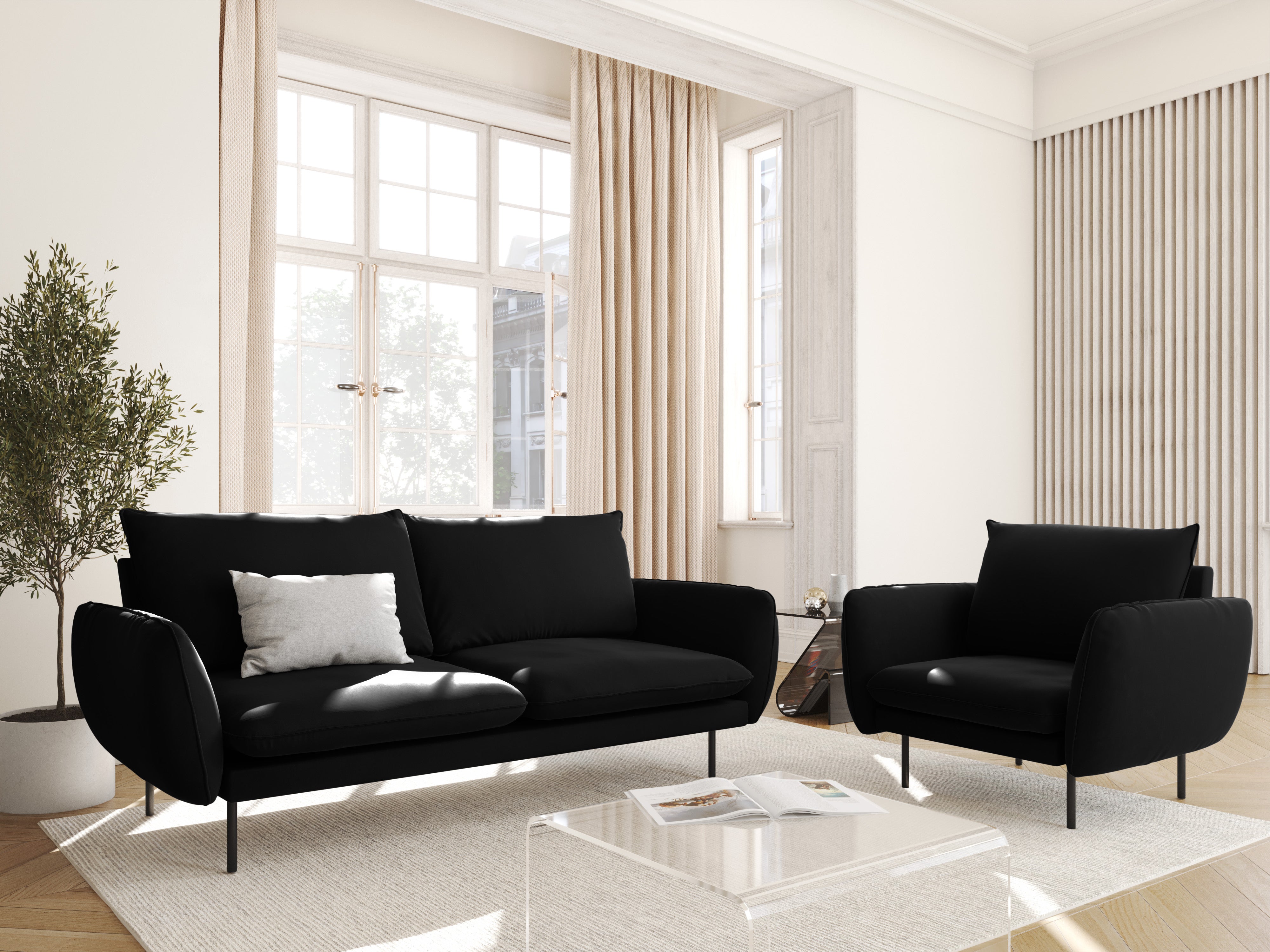 Velvet 2-seater Sofa VIENNA black with black base