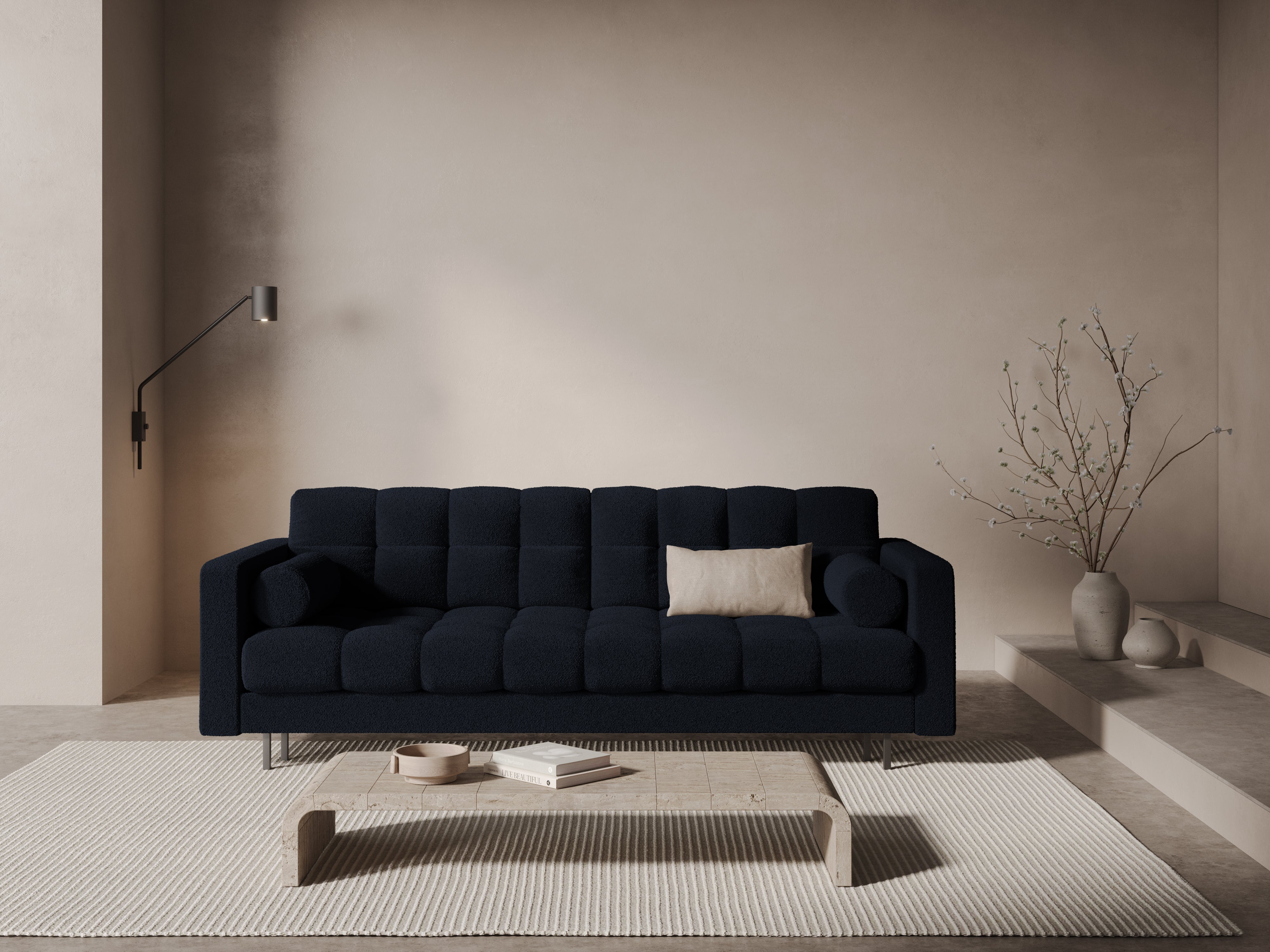 3-seater sofa with sleeping function BALI dark blue bouclé with black base