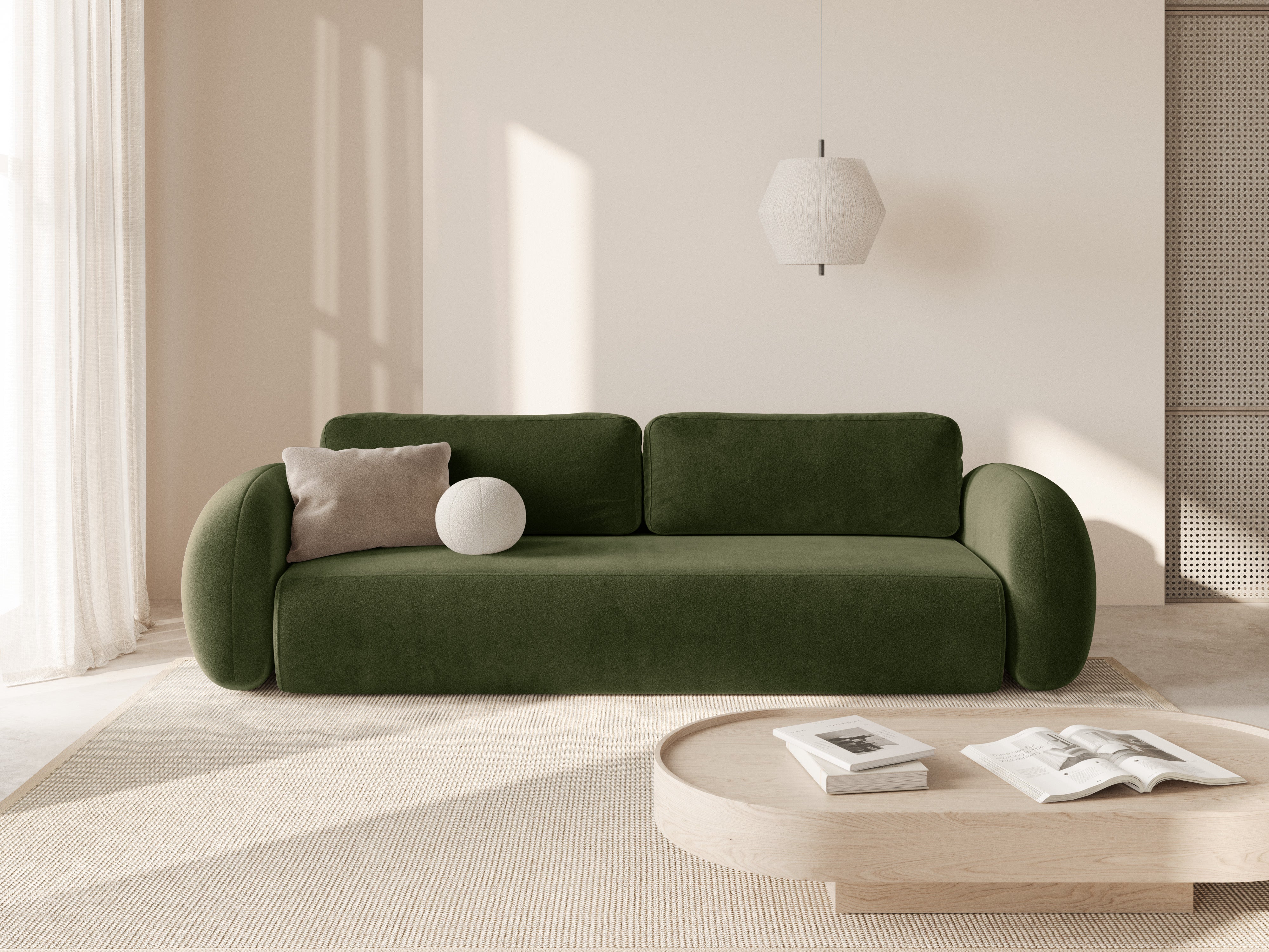 Velvet sofa with sleeping function, 3-seater TONALE in military green