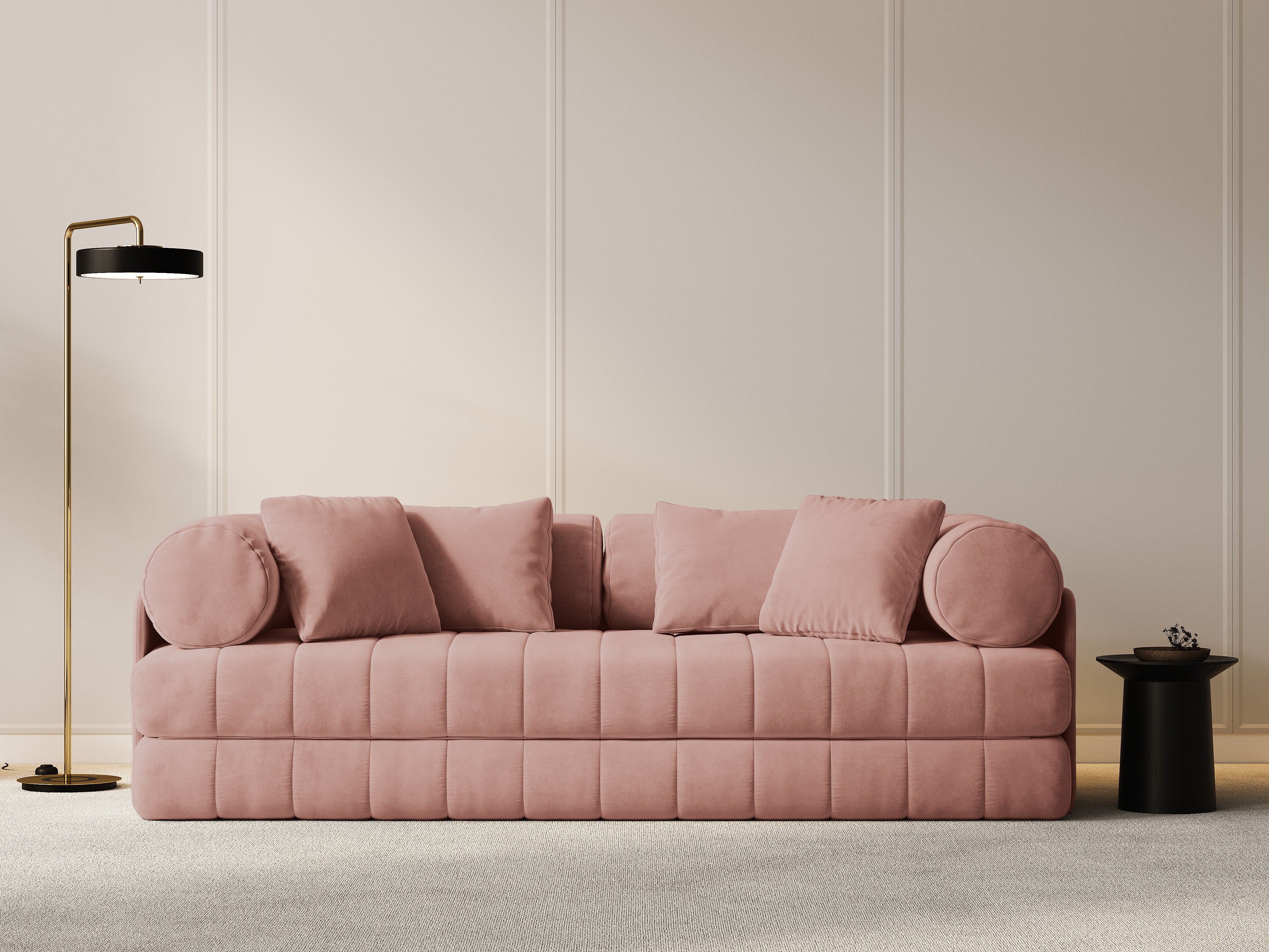 Sofa sametová 3-osobová s funkcí spaní KEMI růžová