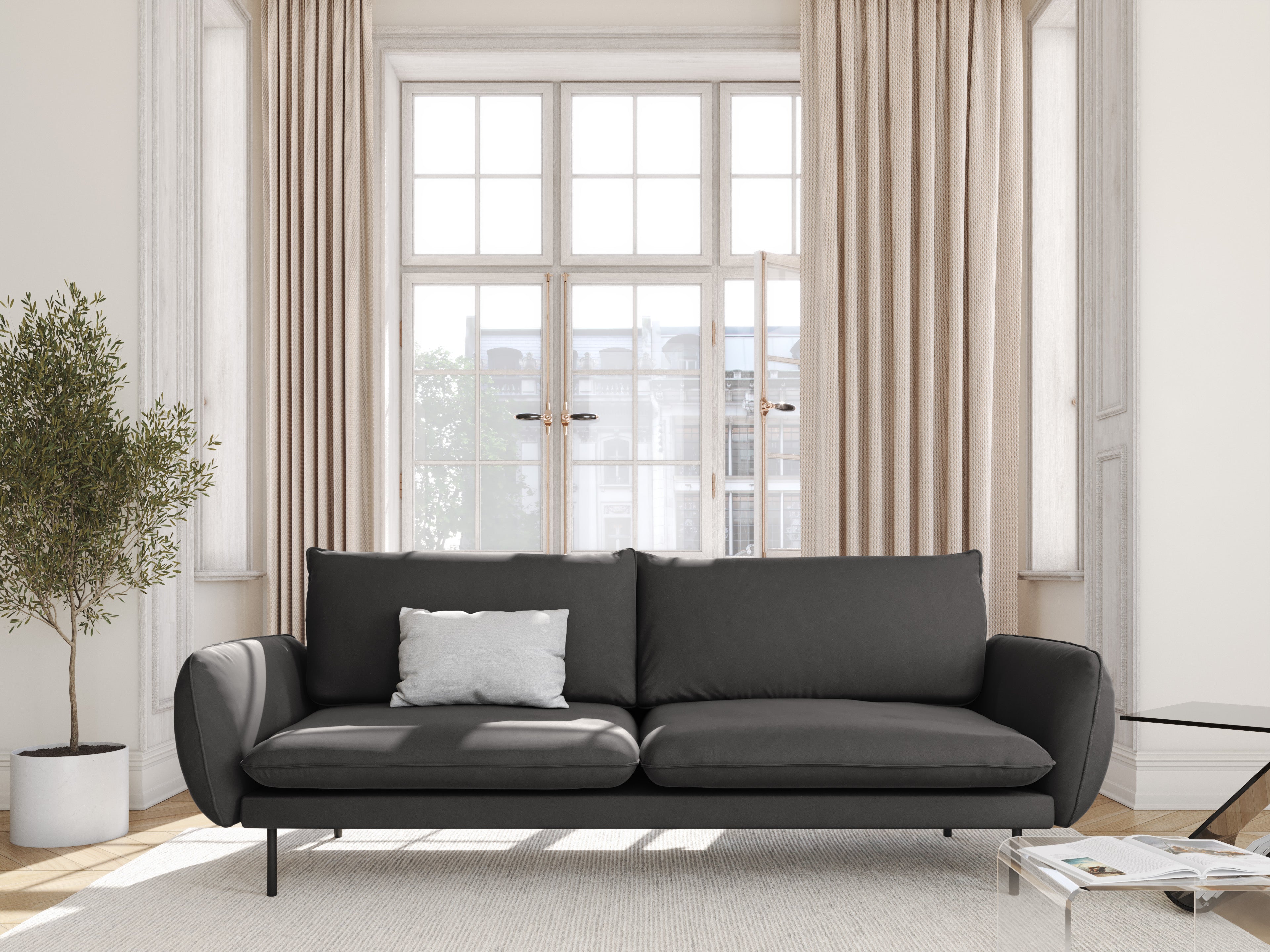 Sofa sametová 3-místná VIENNA tmavě šedá s černým podstavcem