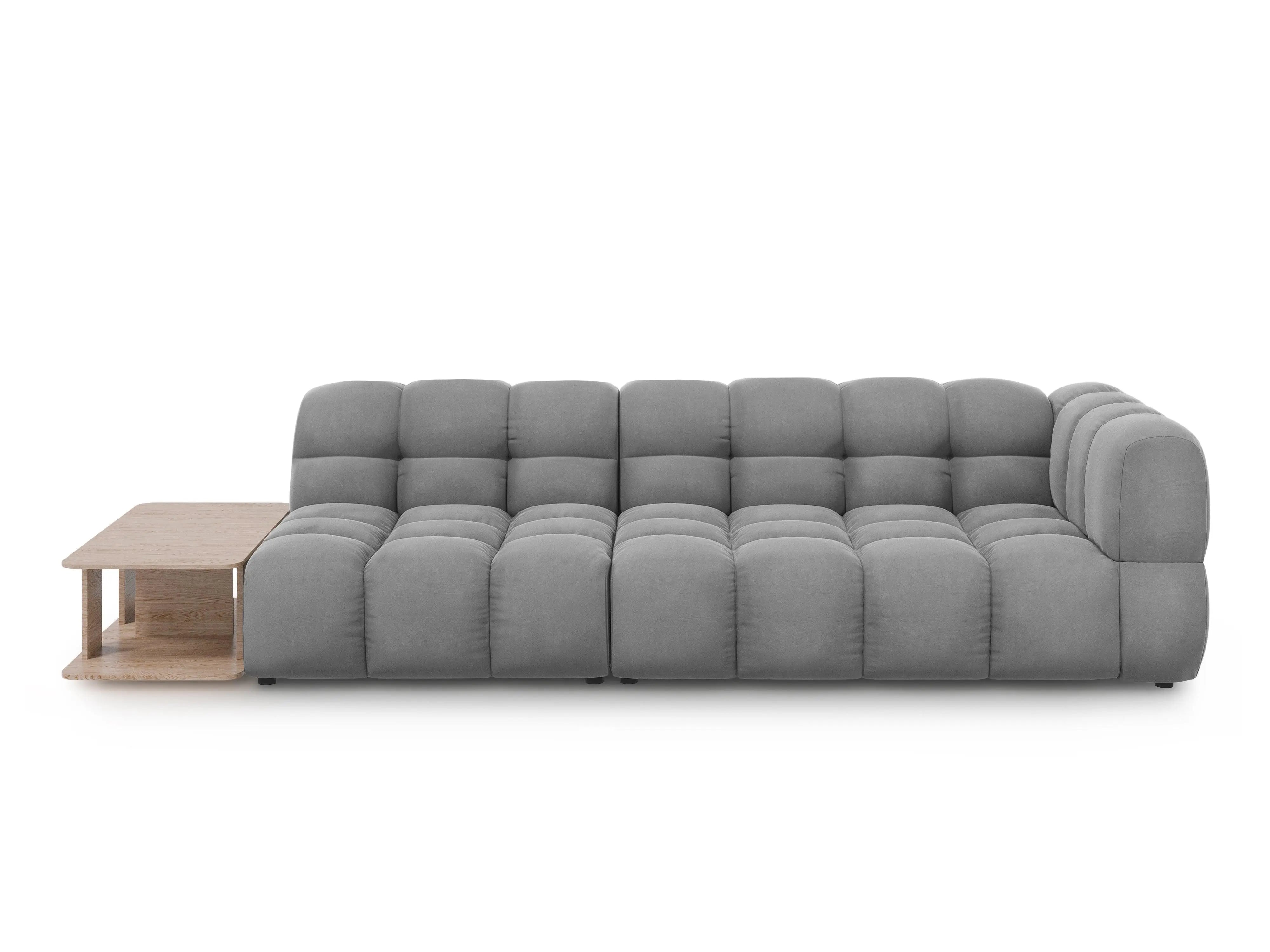 Sofa aksamitna lewostronna 4-osobowa otwarta ze stolikiem SKY jasnoszary – Cosmopolitan Design