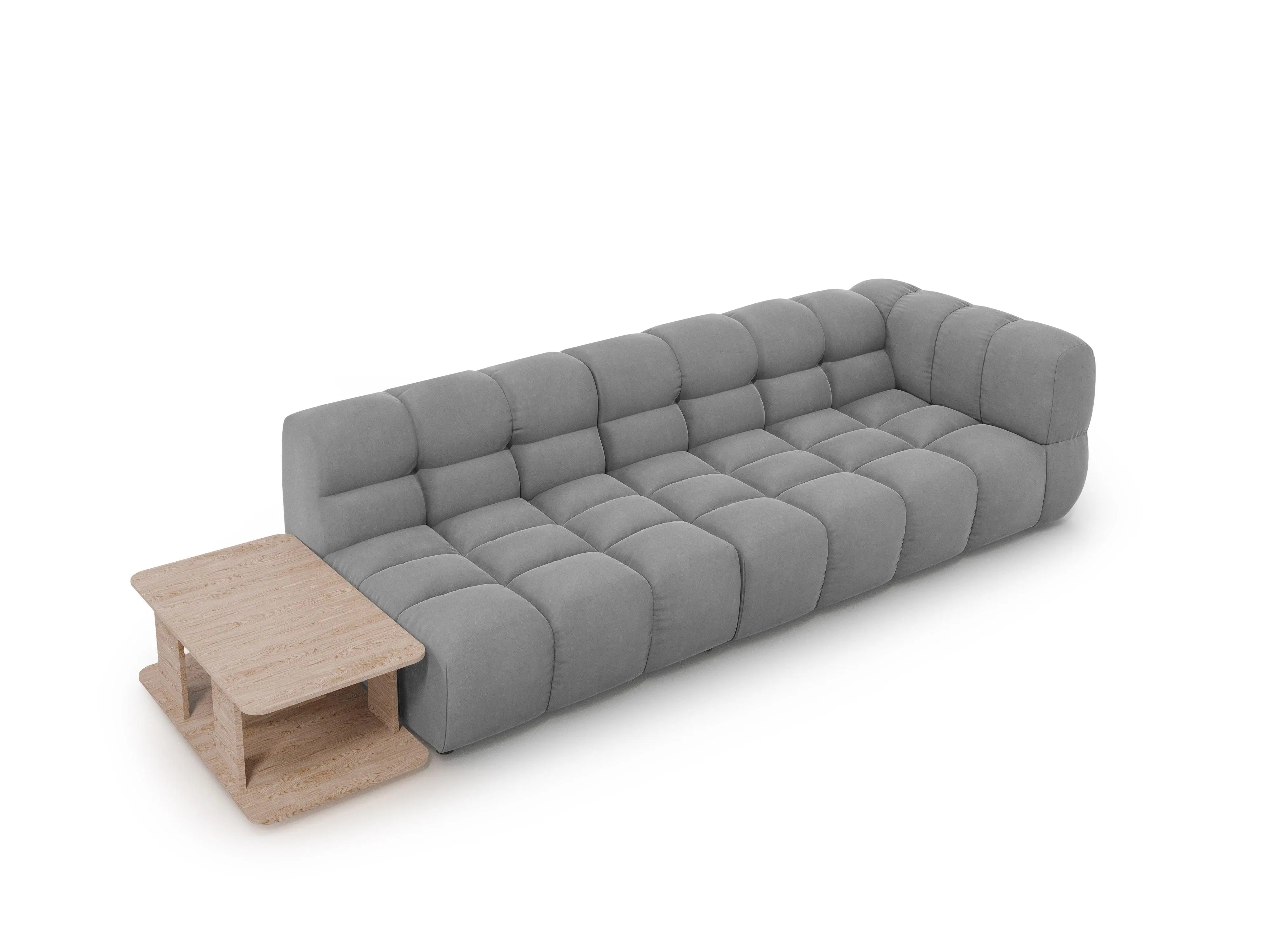 Sofa aksamitna lewostronna 4-osobowa otwarta ze stolikiem SKY jasnoszary – welur
