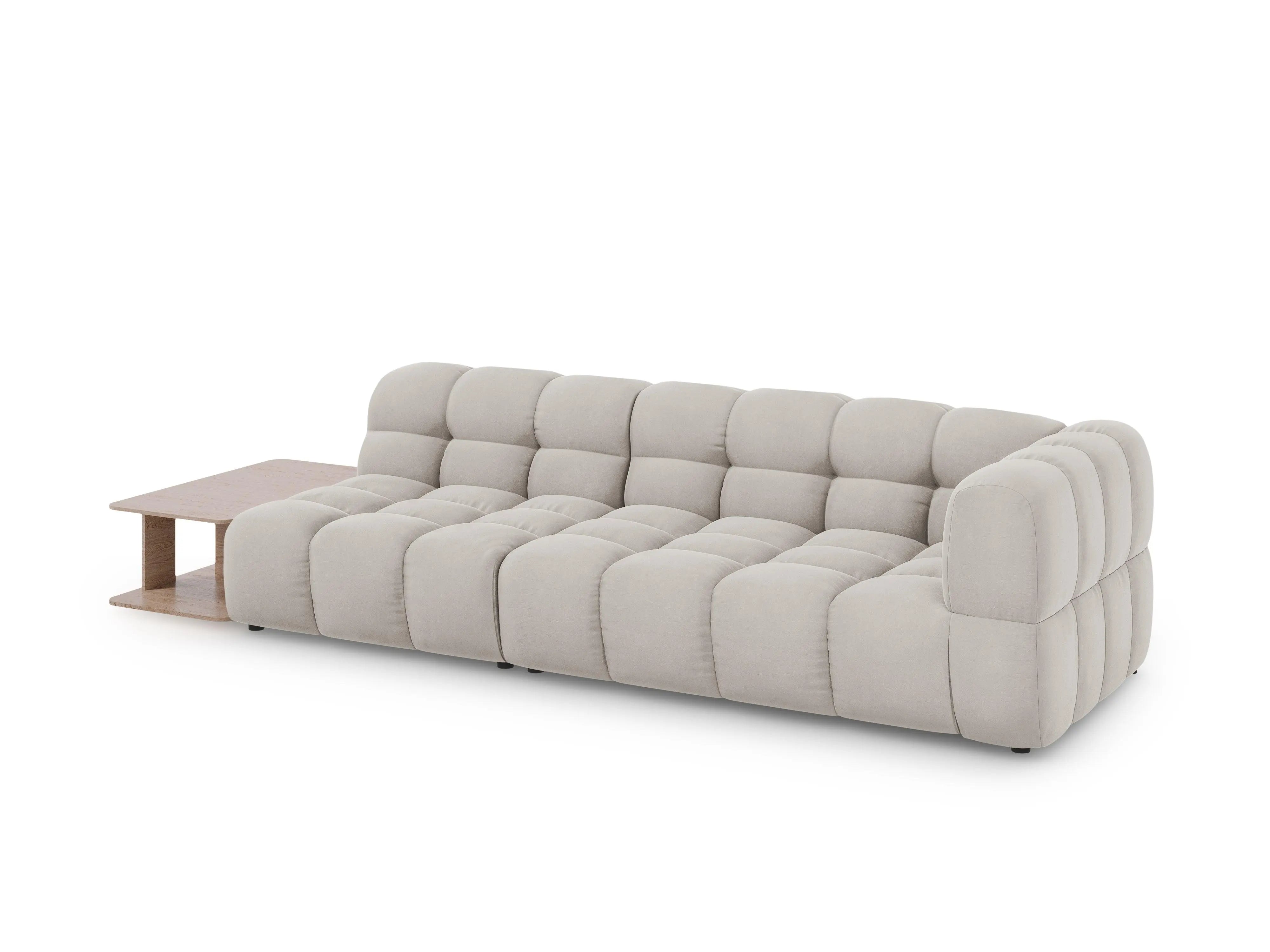 Sofa aksamitna lewostronna 4-osobowa otwarta ze stolikiem SKY jasnobeżowy – Cosmopolitan Design