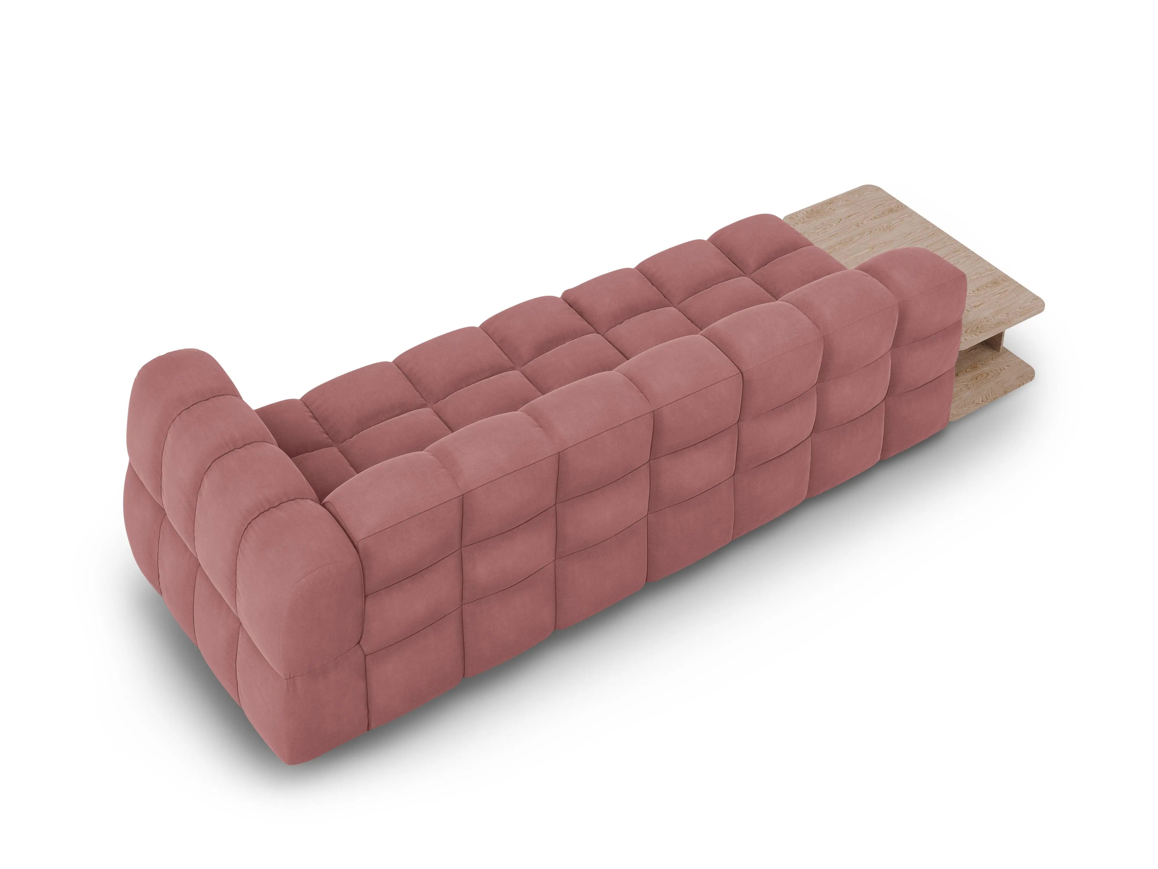 Sofa aksamitna lewostronna 4-osobowa otwarta ze stolikiem SKY łososiowy do salonu – Cosmopolitan Design