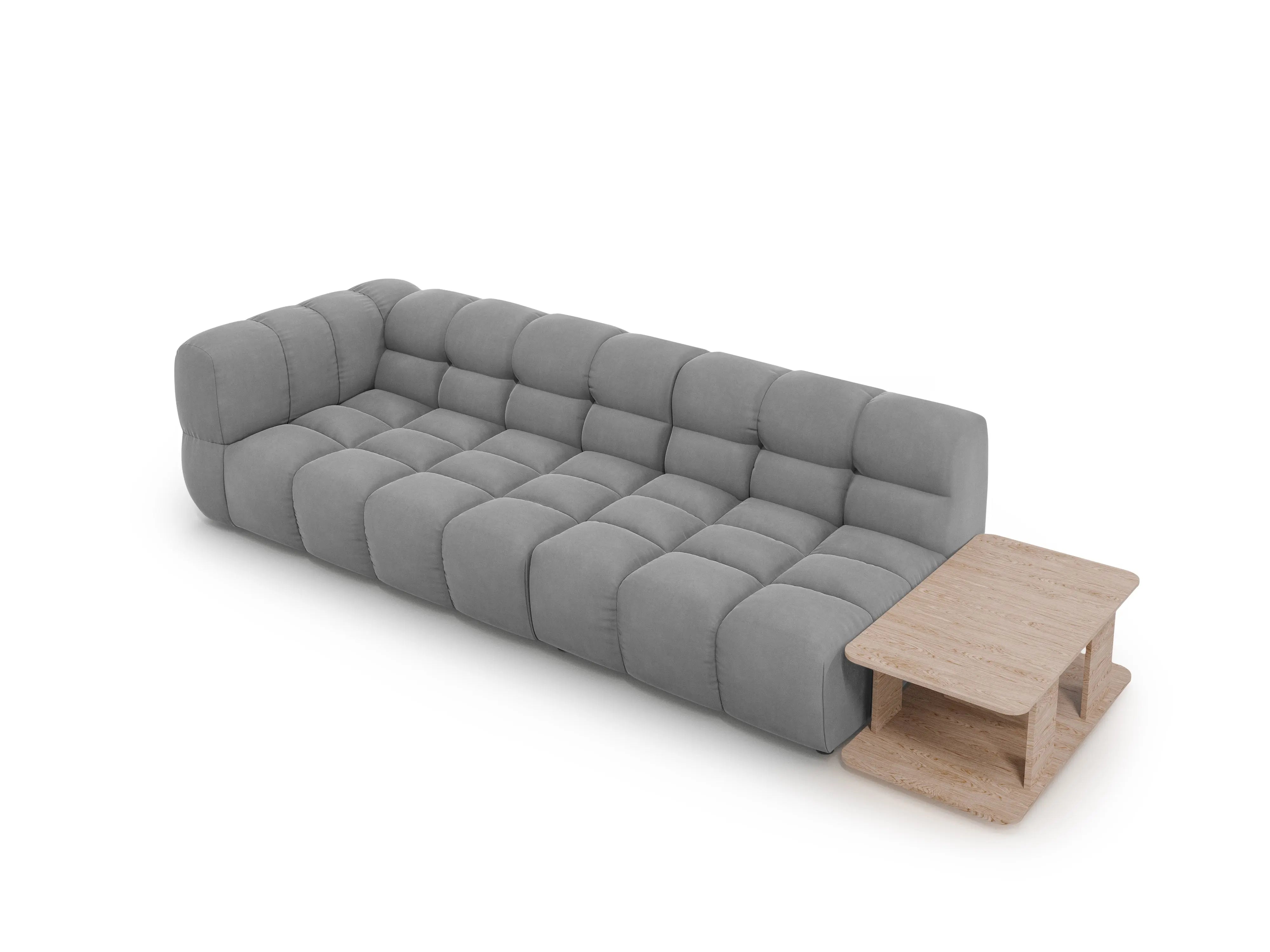 Sofa aksamitna prawostronna 4-osobowa otwarta ze stolikiem SKY jasnoszary – welur