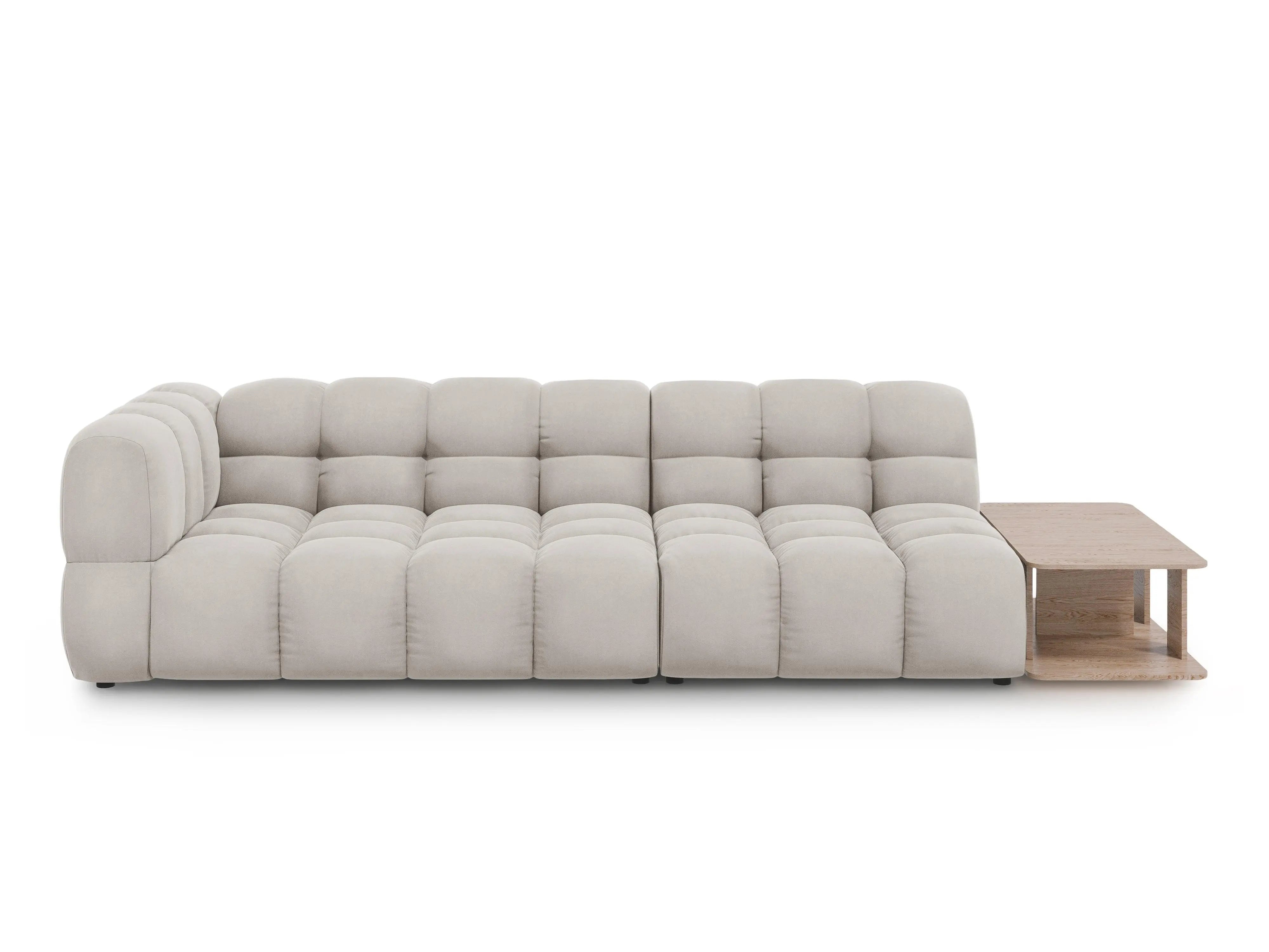 Sofa aksamitna prawostronna 4-osobowa otwarta ze stolikiem SKY jasnobeżowy – Cosmopolitan Design