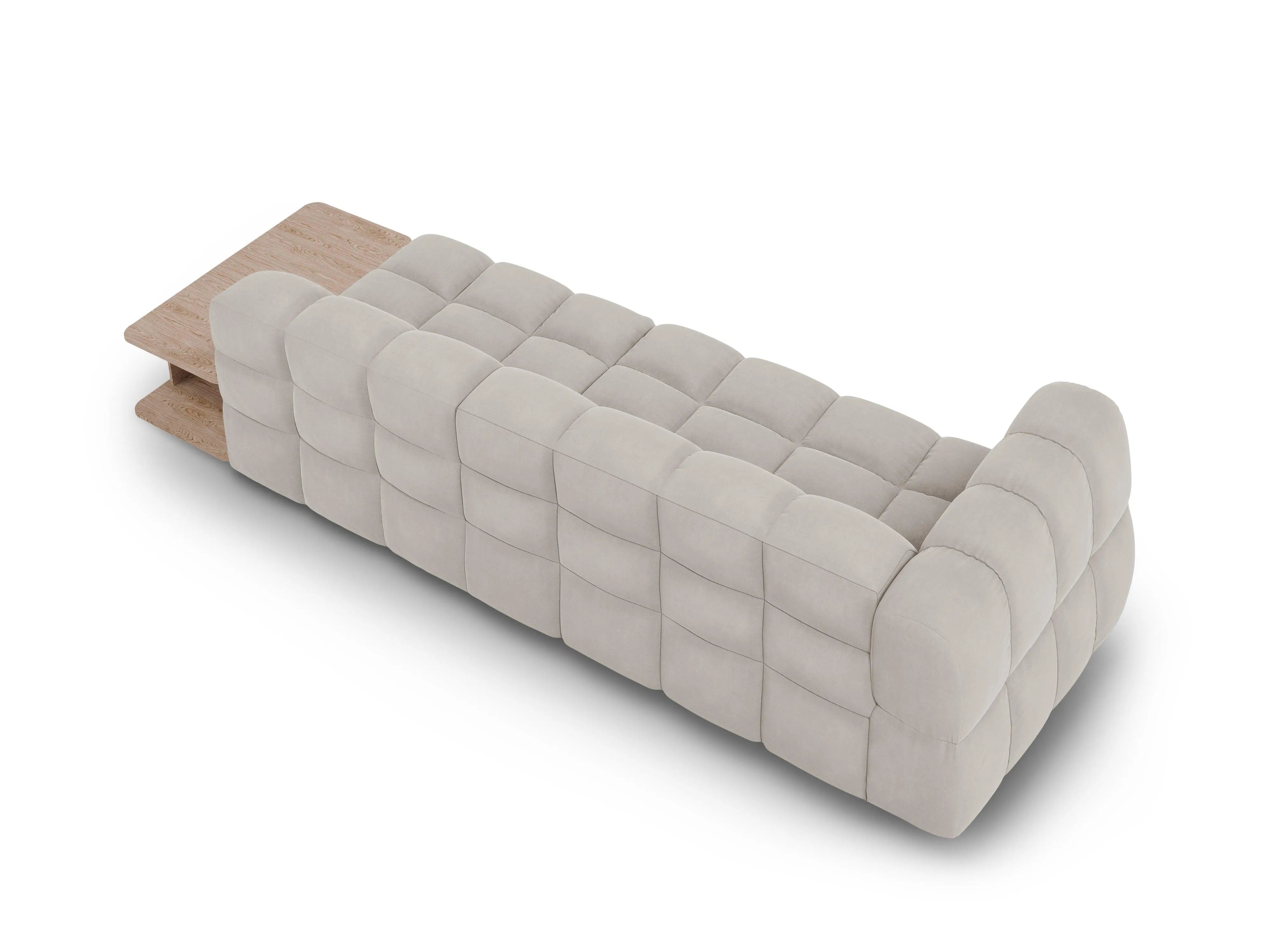 Sofa aksamitna prawostronna 4-osobowa otwarta ze stolikiem SKY jasnobeżowy do salonu – Cosmopolitan Design