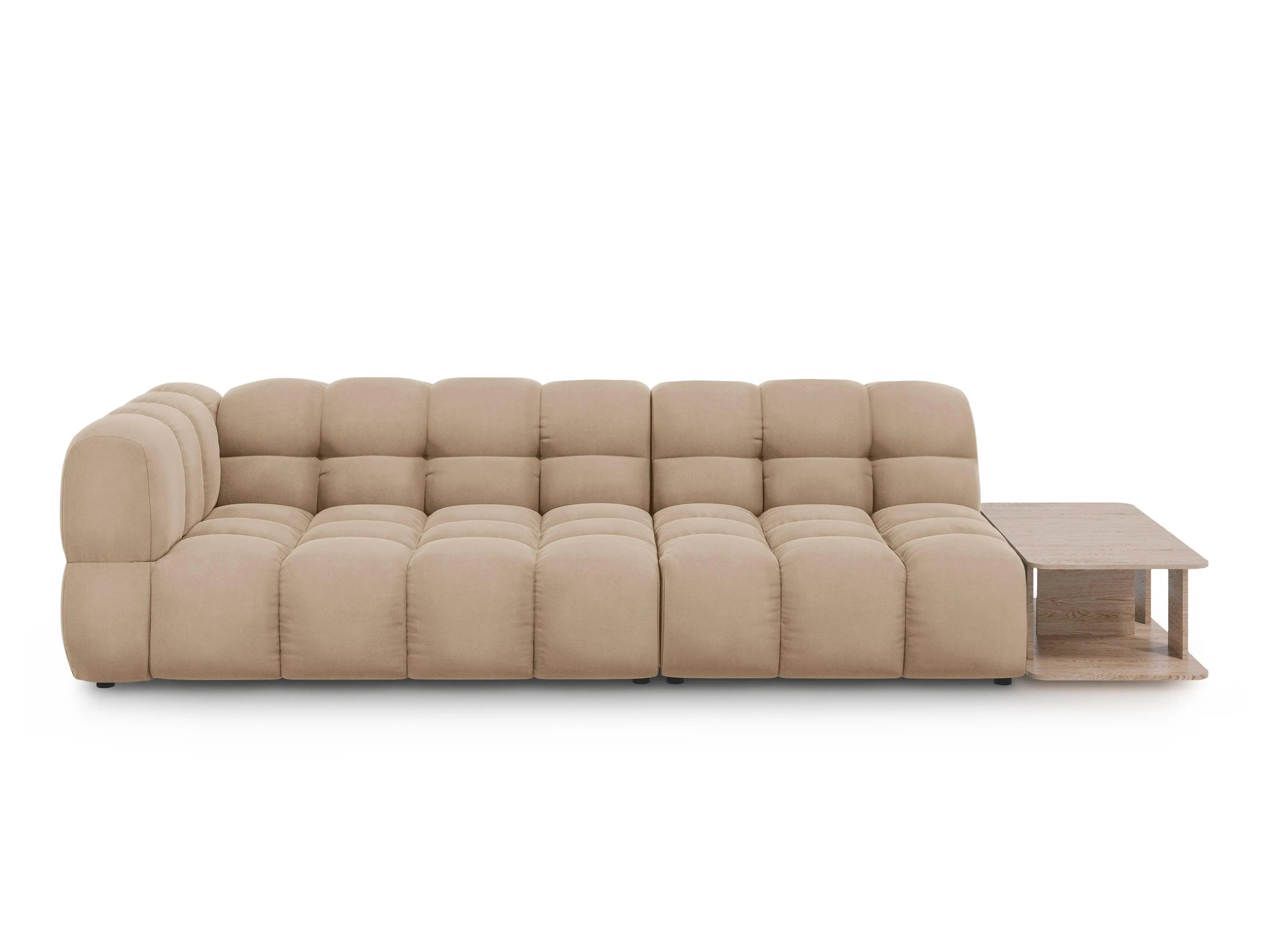 Sofa aksamitna prawostronna 4-osobowa otwarta ze stolikiem SKY piaskowy – Cosmopolitan Design