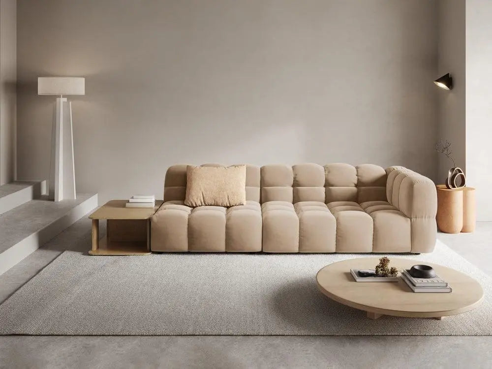 Sofa aksamitna lewostronna 4-osobowa otwarta ze stolikiem SKY piaskowy do salonu