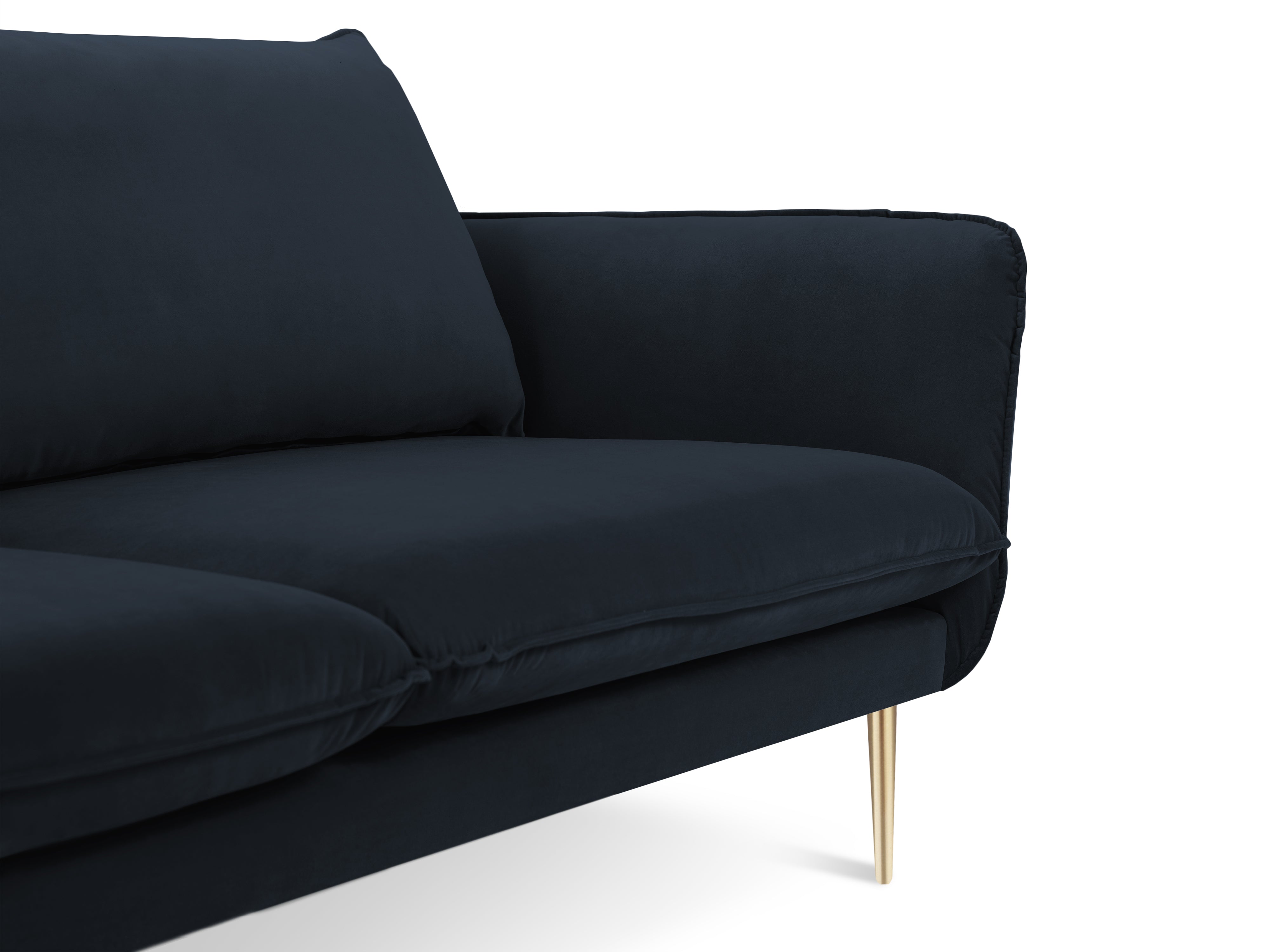 Sofa panoramatická sametová pro 6 osob VIENNA tmavě modrá se zlatým podstavcem