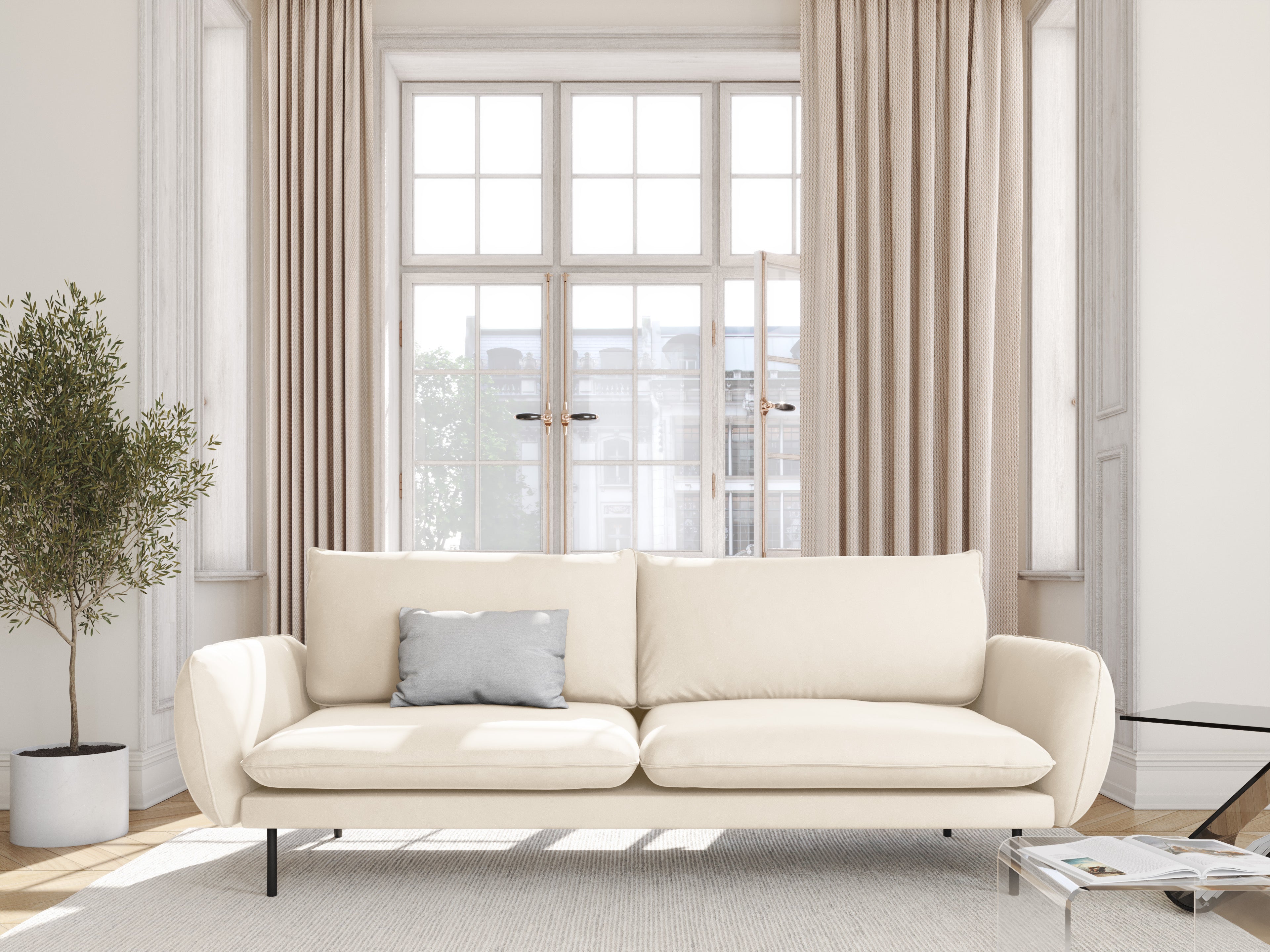 Sofa sametová 4-osobová VIENNA béžová s černým podstavcem