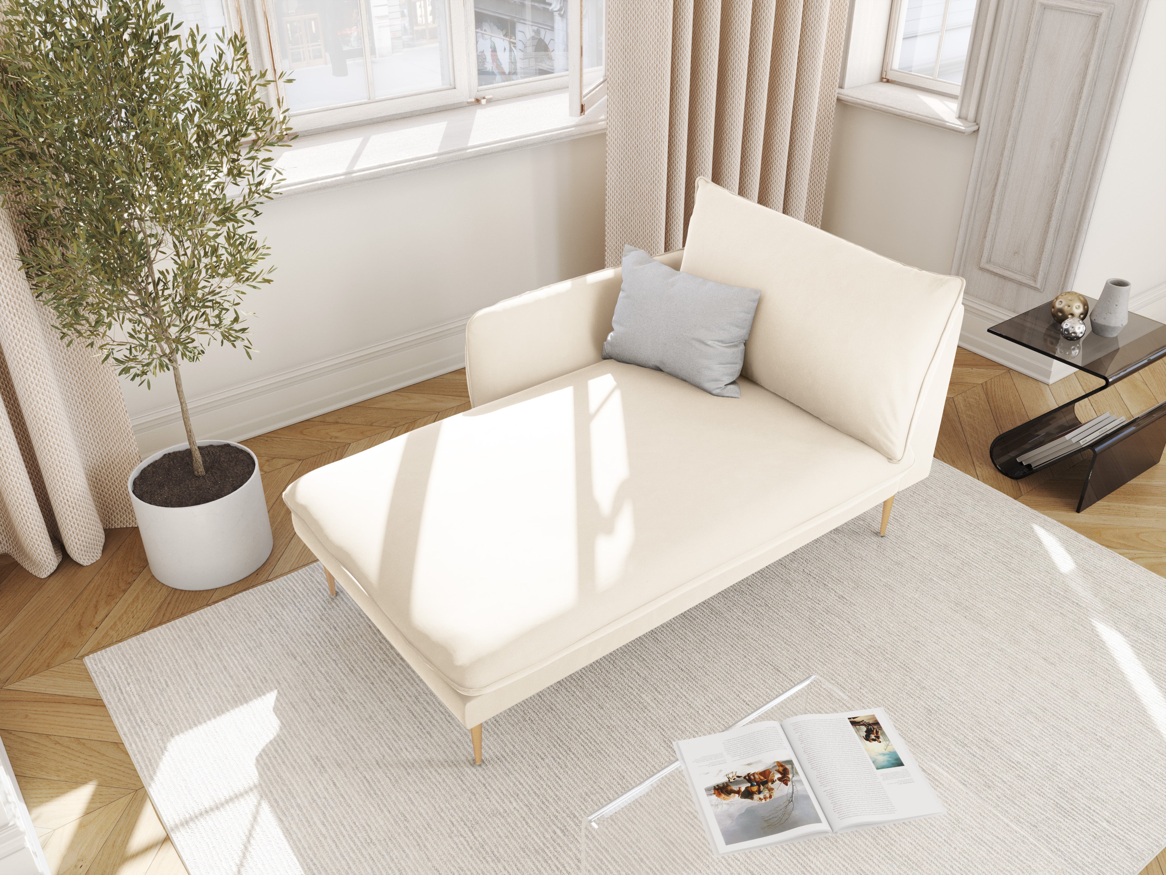 Left-sided velvet chaise longue VIENNA beige with a golden base