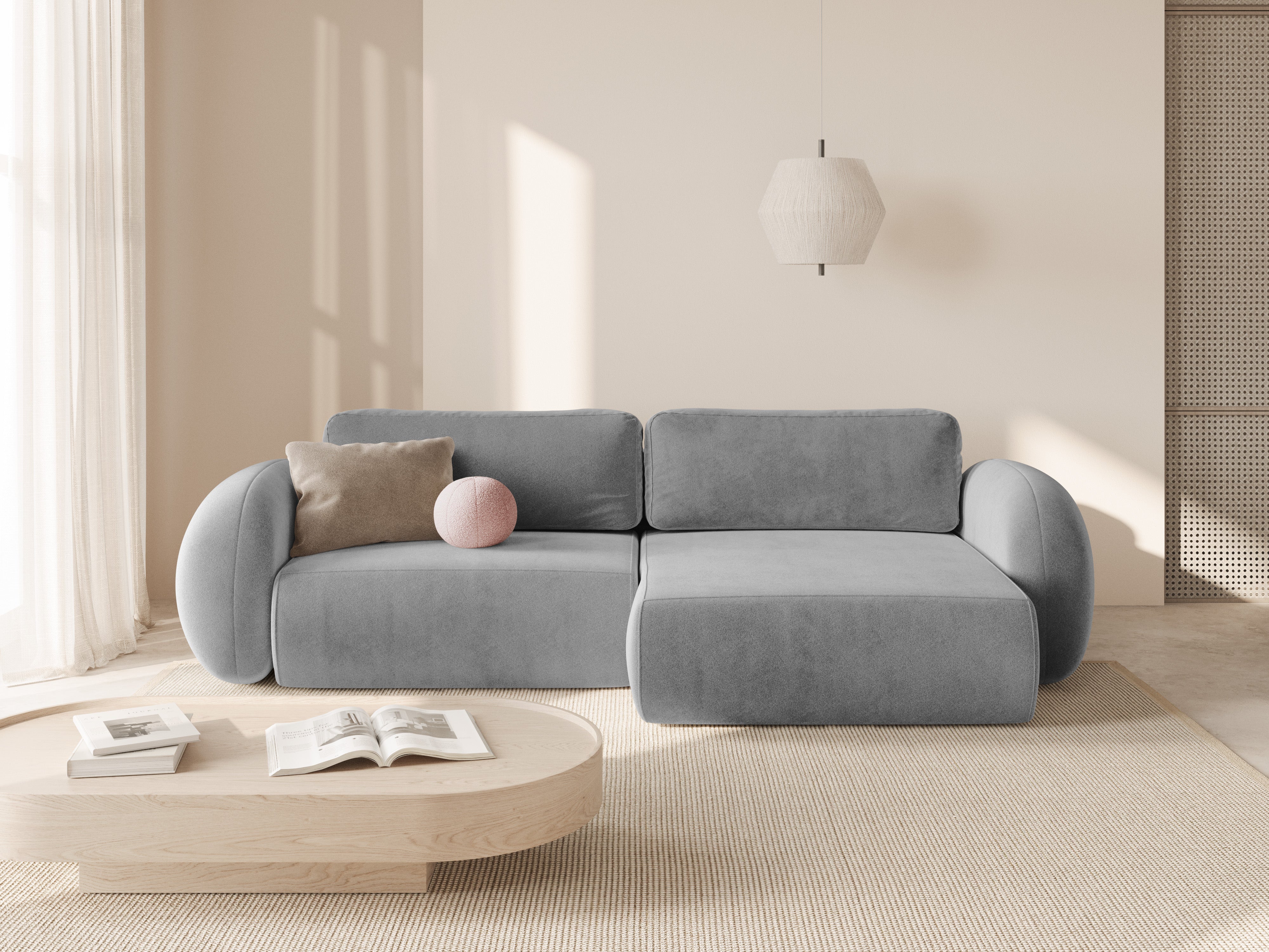 Universal velvet corner sofa with sleeping function for 4 people TONALE light gray