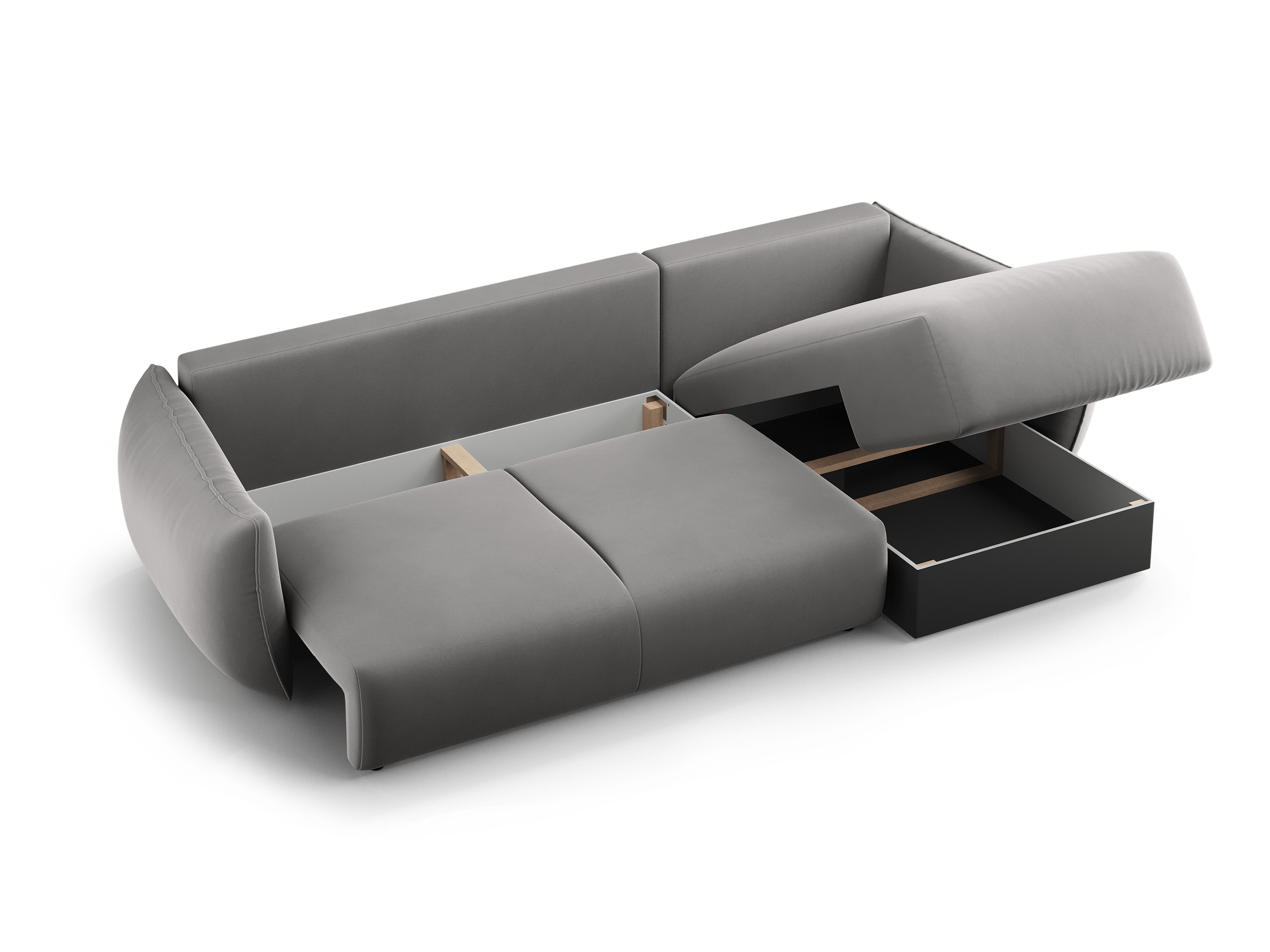 Šedý sametový rohový gauč s funkcí spaní MATERA vlevo