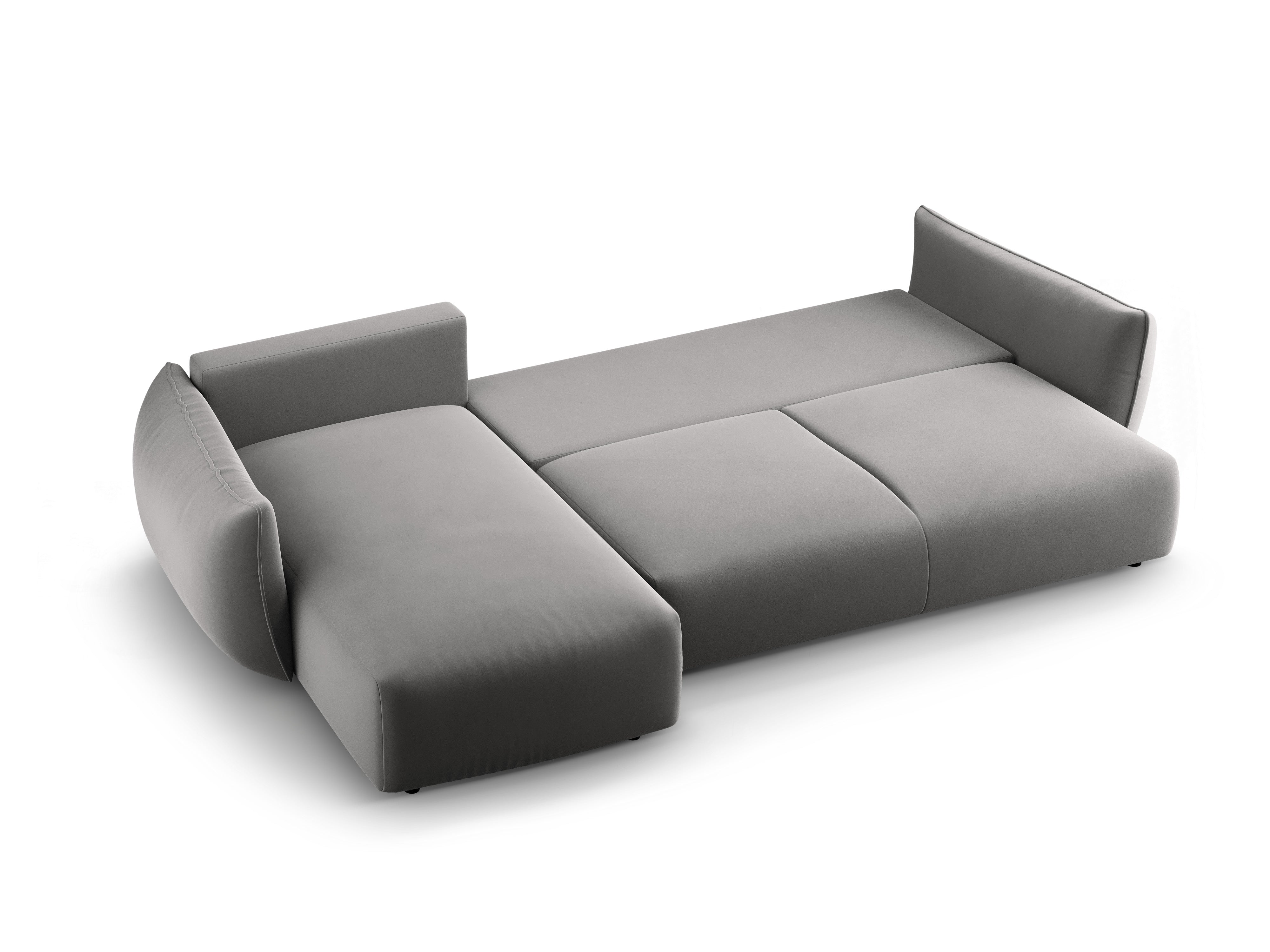 Šedý sametový rohový gauč s funkcí spaní MATERA vlevo