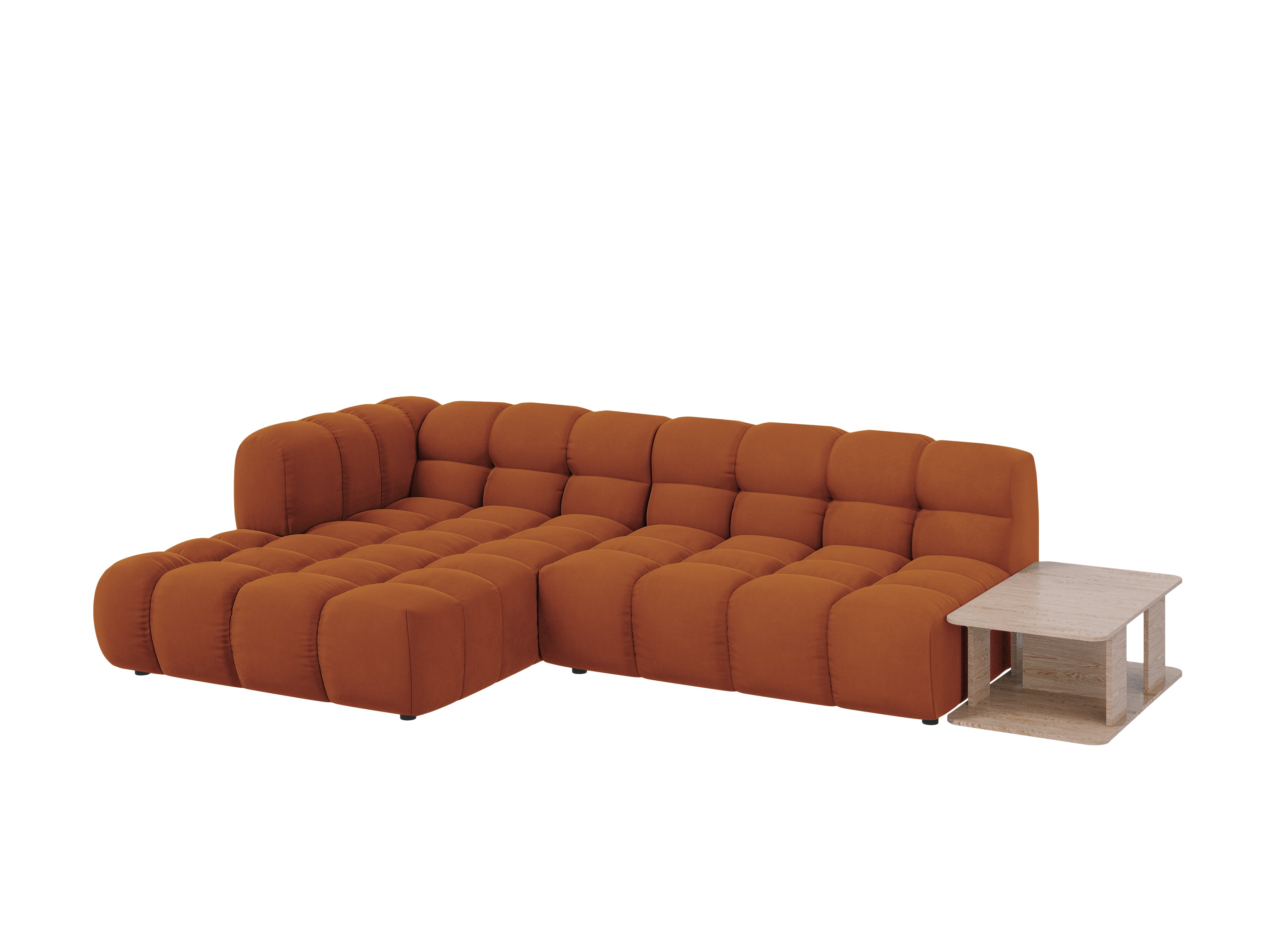 Narożnik aksamitny lewostronny 4-osobowy otwarty ze stolikiem SKY terracotta Cosmopolitan Design Eye on Design