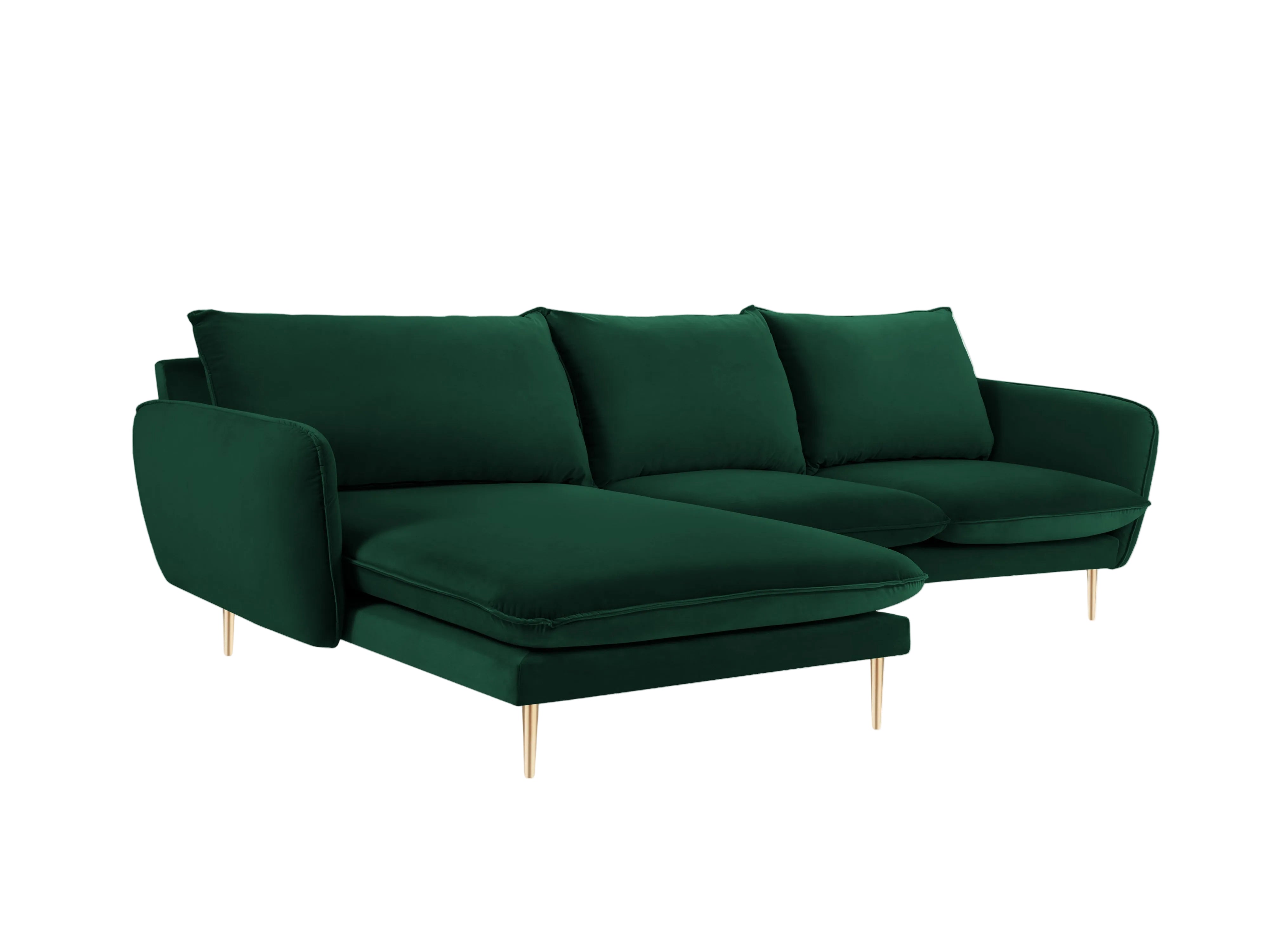 Left-facing velvet corner sofa for 5 people VIENNA in bottle green with a gold base