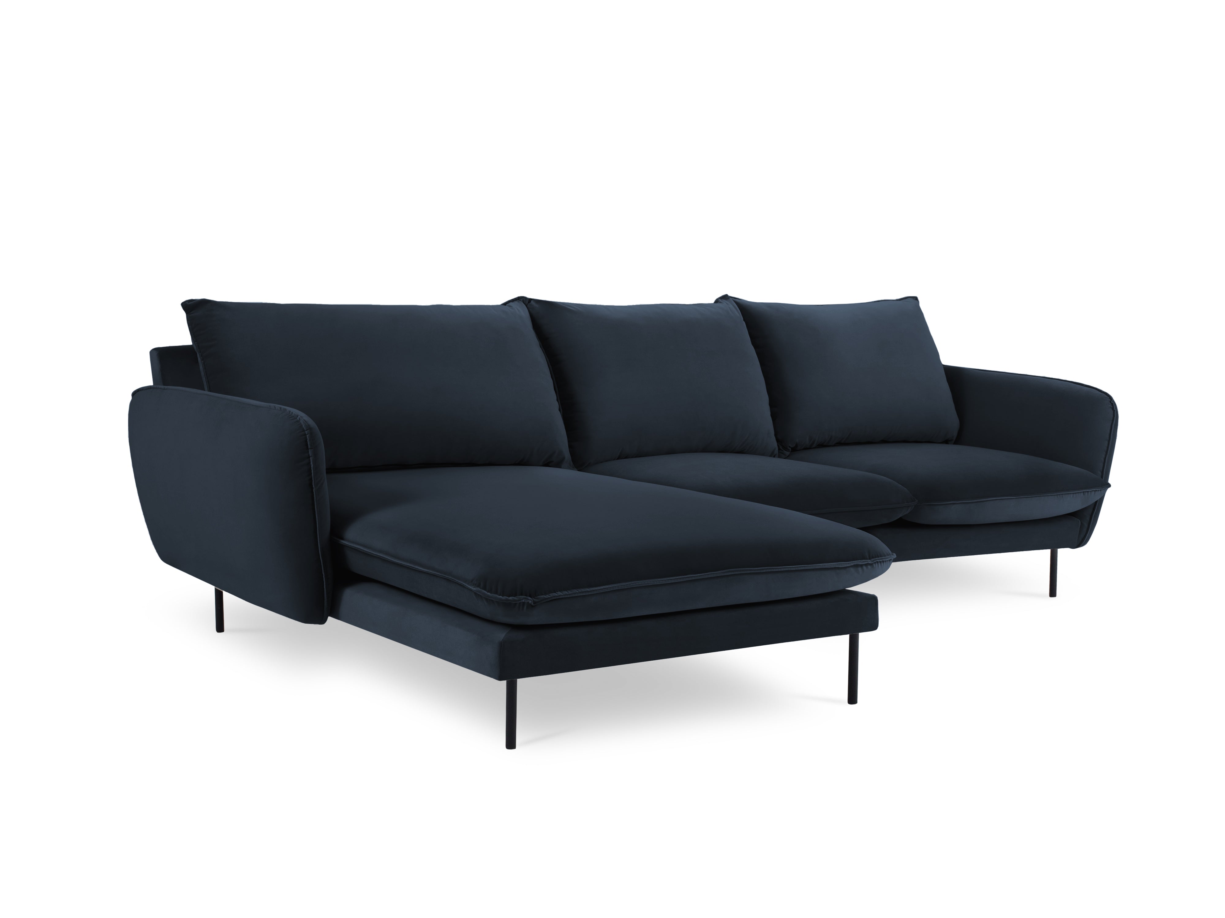 Left-facing velvet corner sofa for 5 people VIENNA in dark blue with a black base