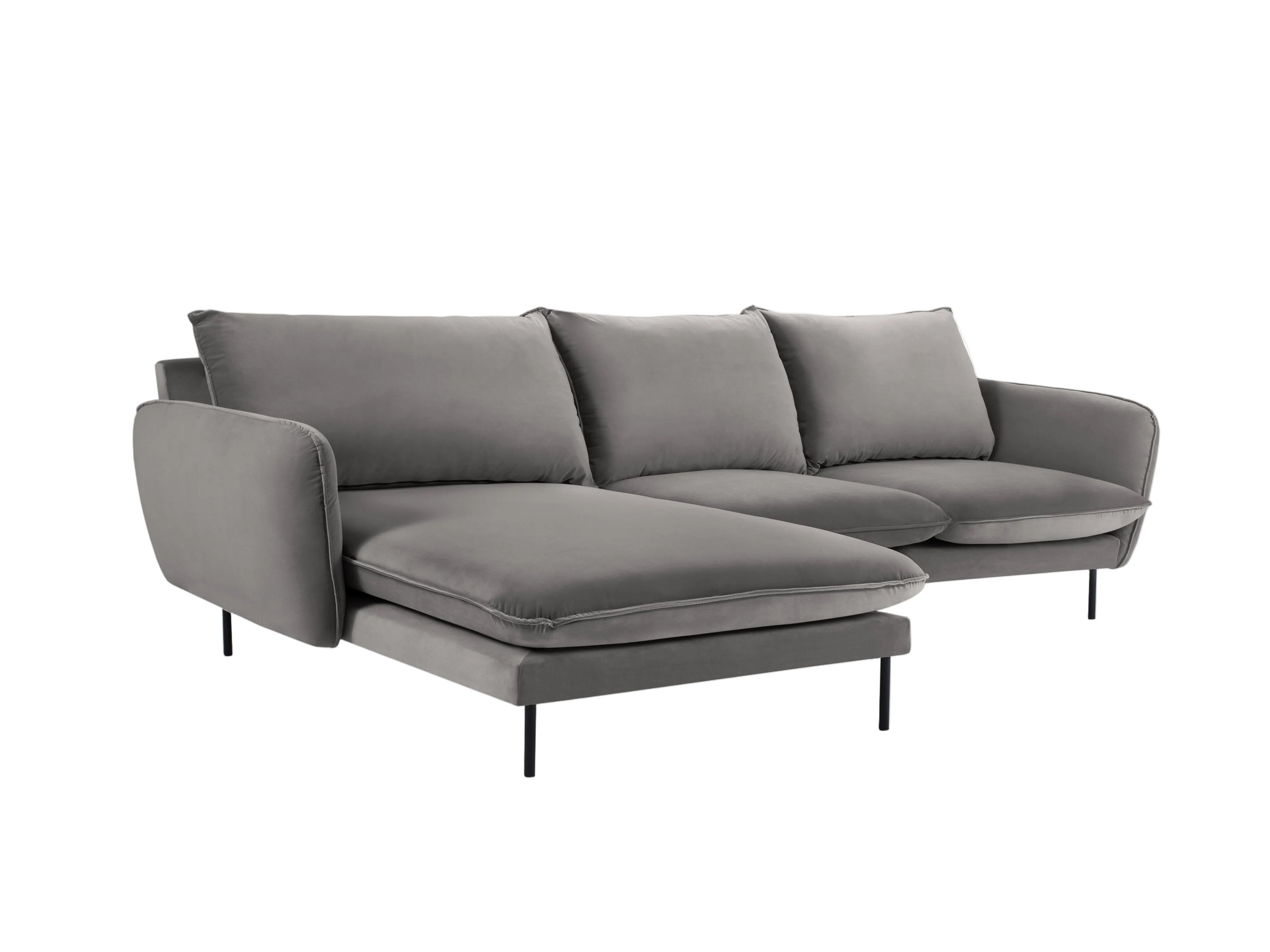 Left-facing velvet corner sofa for 5 people VIENNA in light gray with a black base