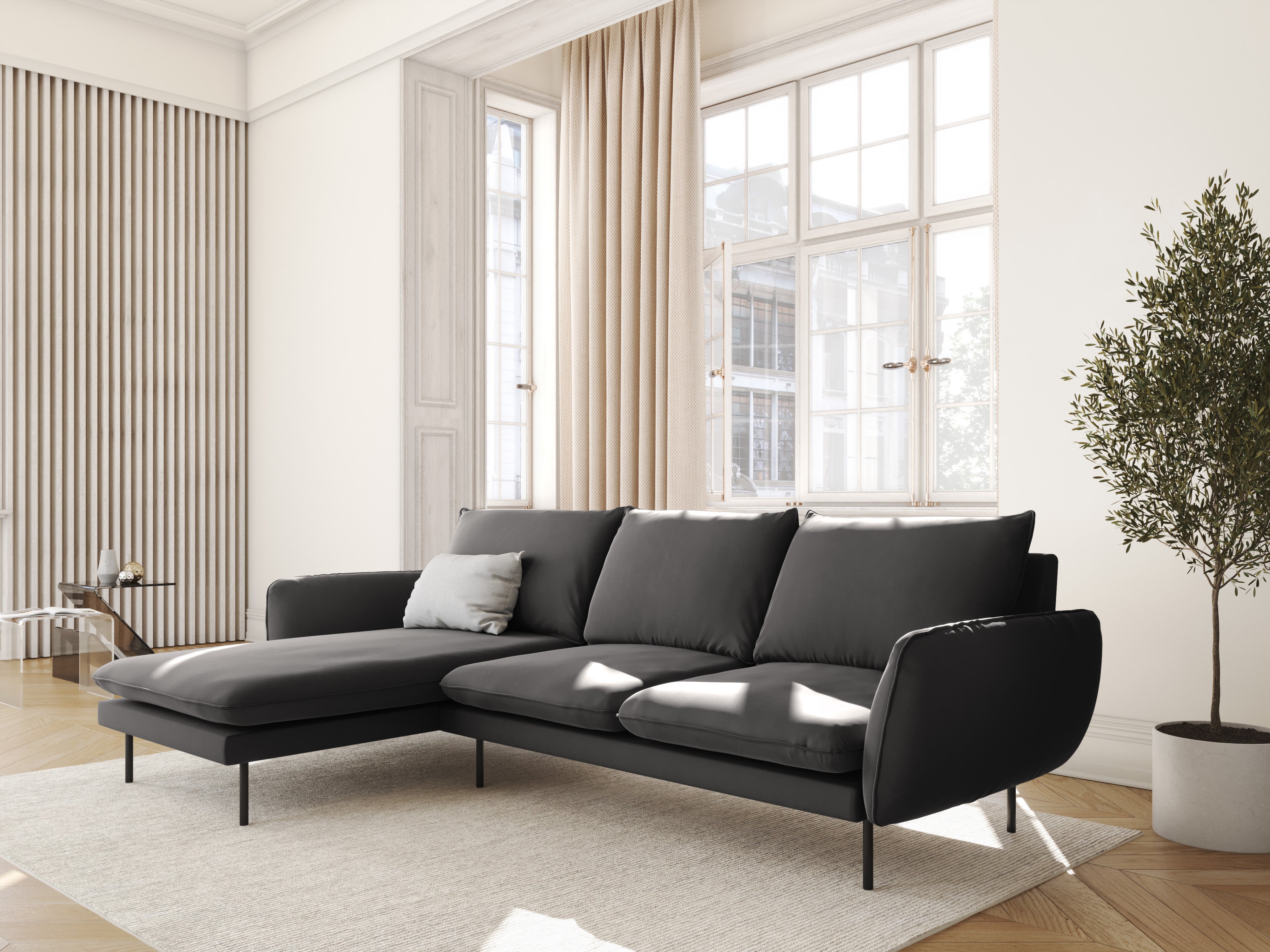 Left-facing velvet corner sofa for 5 people VIENNA in dark gray with a black base