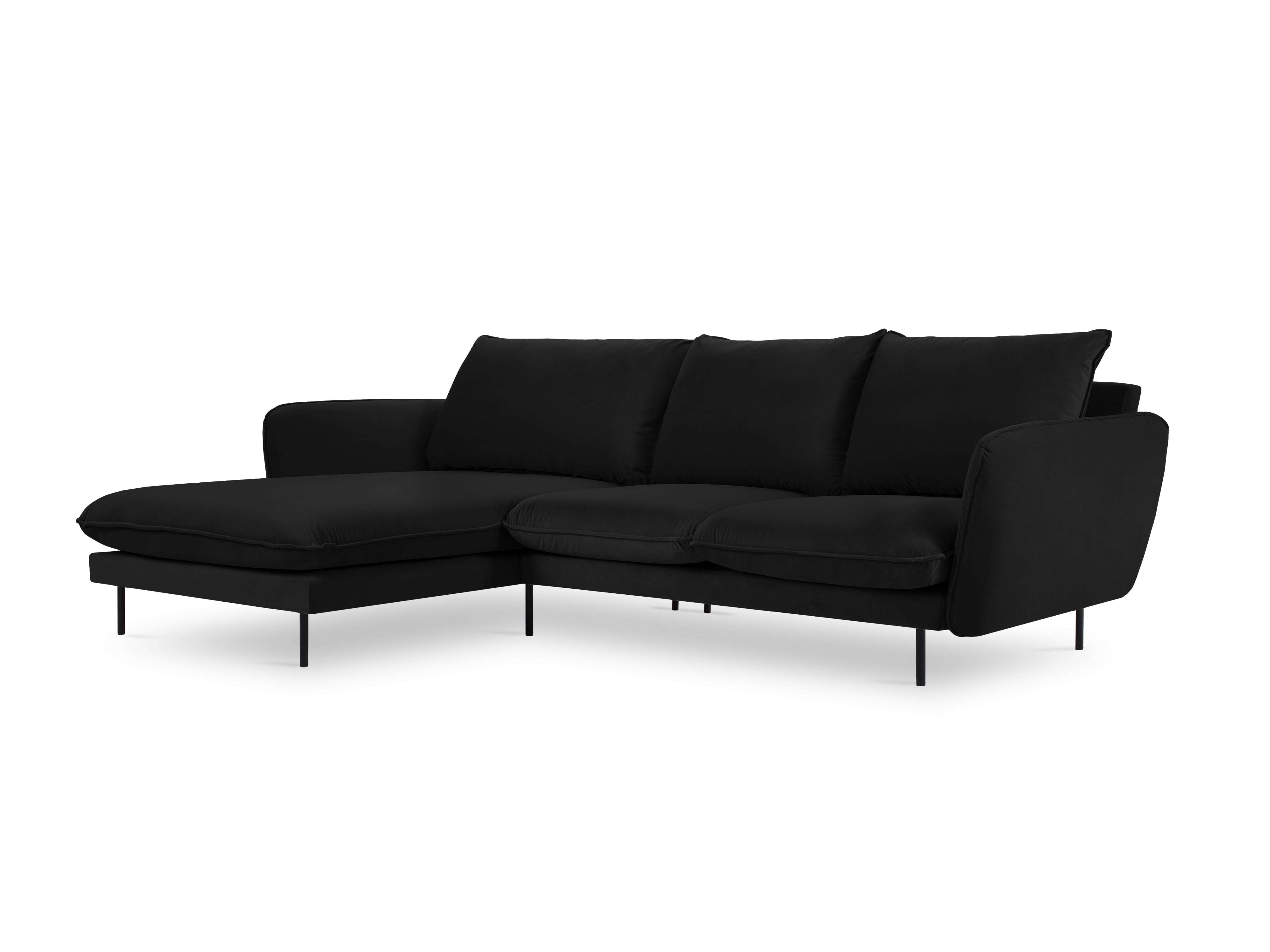 Left-facing velvet corner sofa for 5 people VIENNA in black with a black base