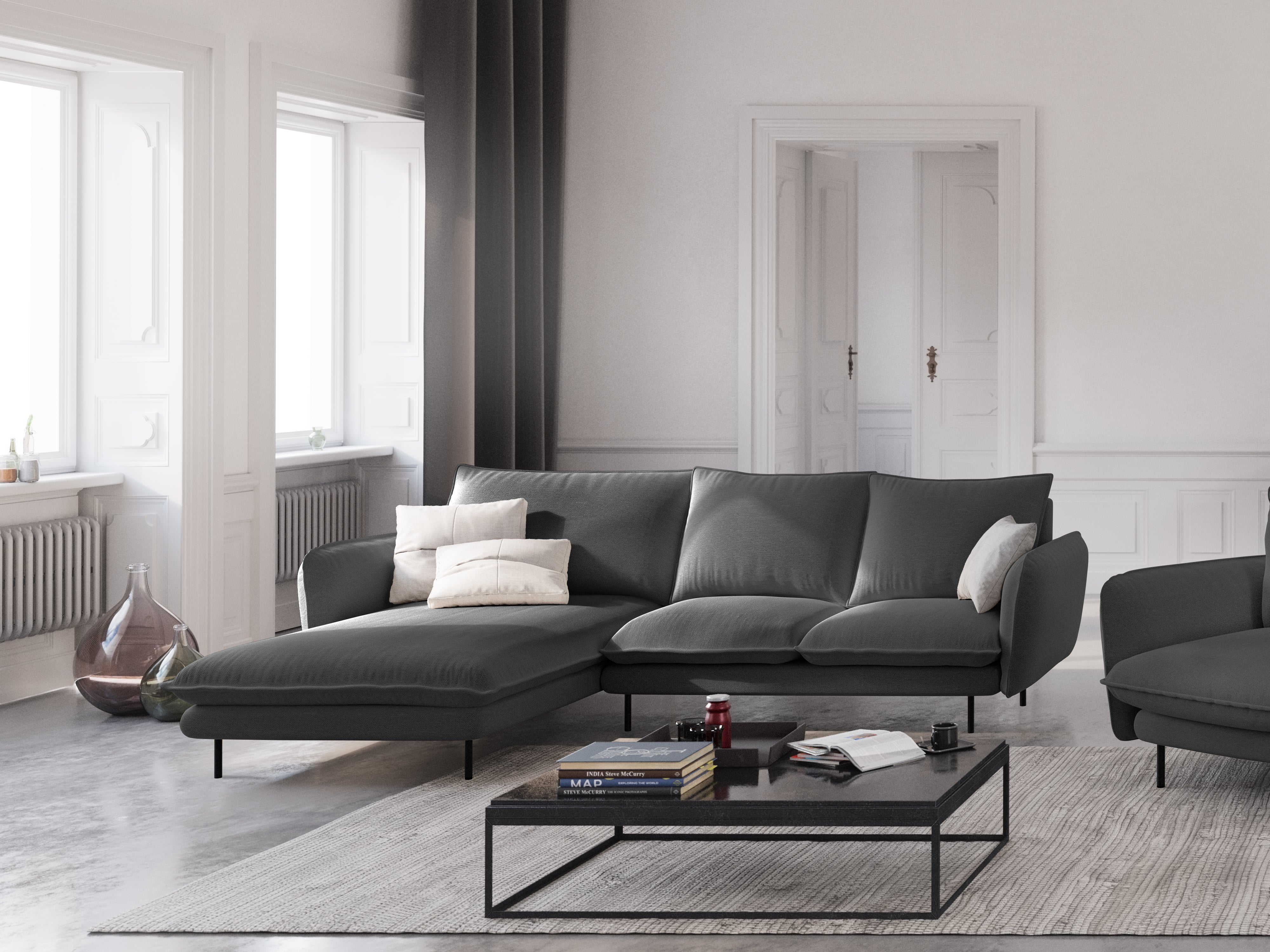 Šedý szenilový rohový gauč pro 6 osob, levostranný VIENNA s černým podstavcem