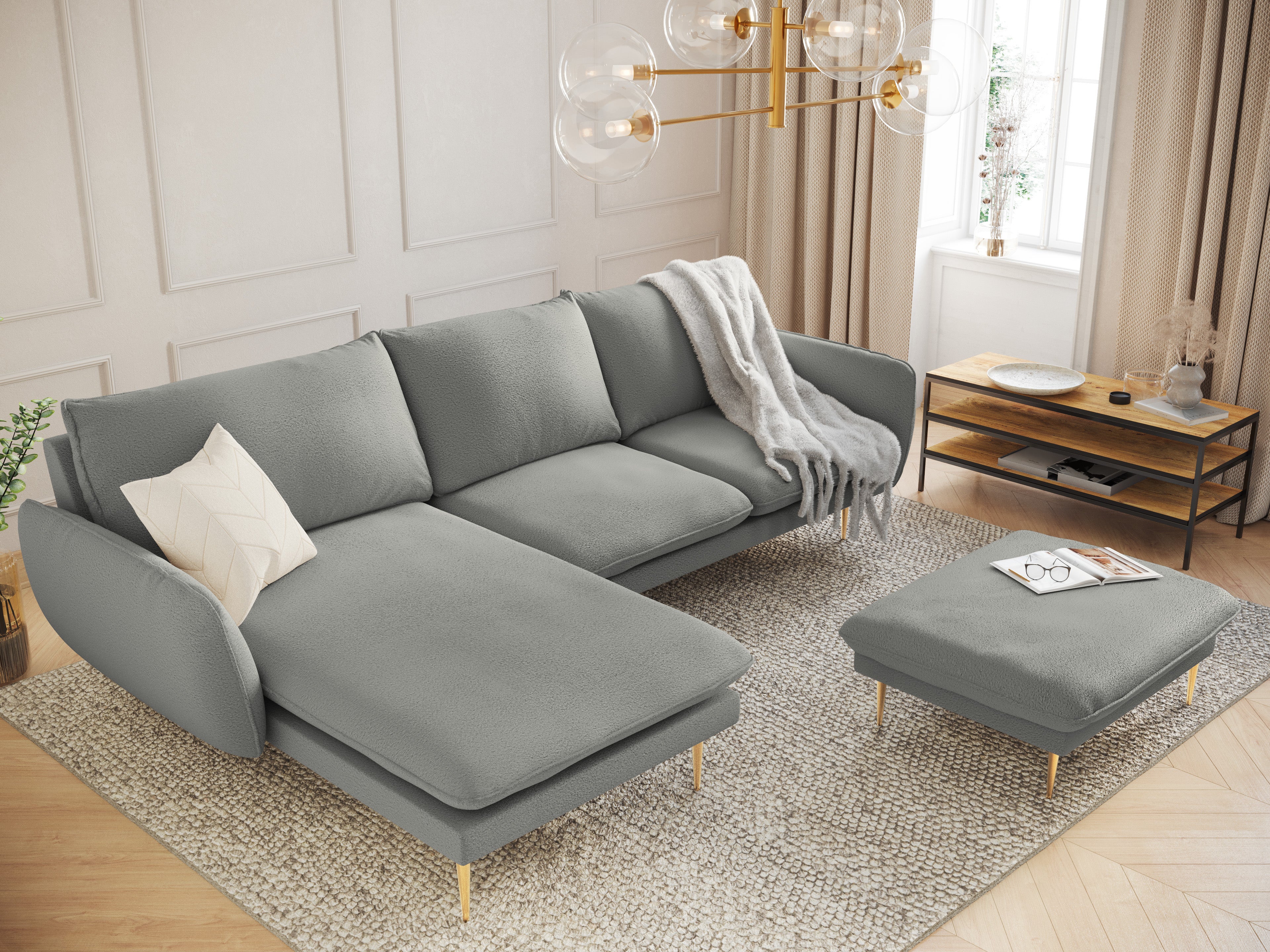 Šedý boucle rohový gauč pro 6 osob levý VIENNA se zlatou základnou