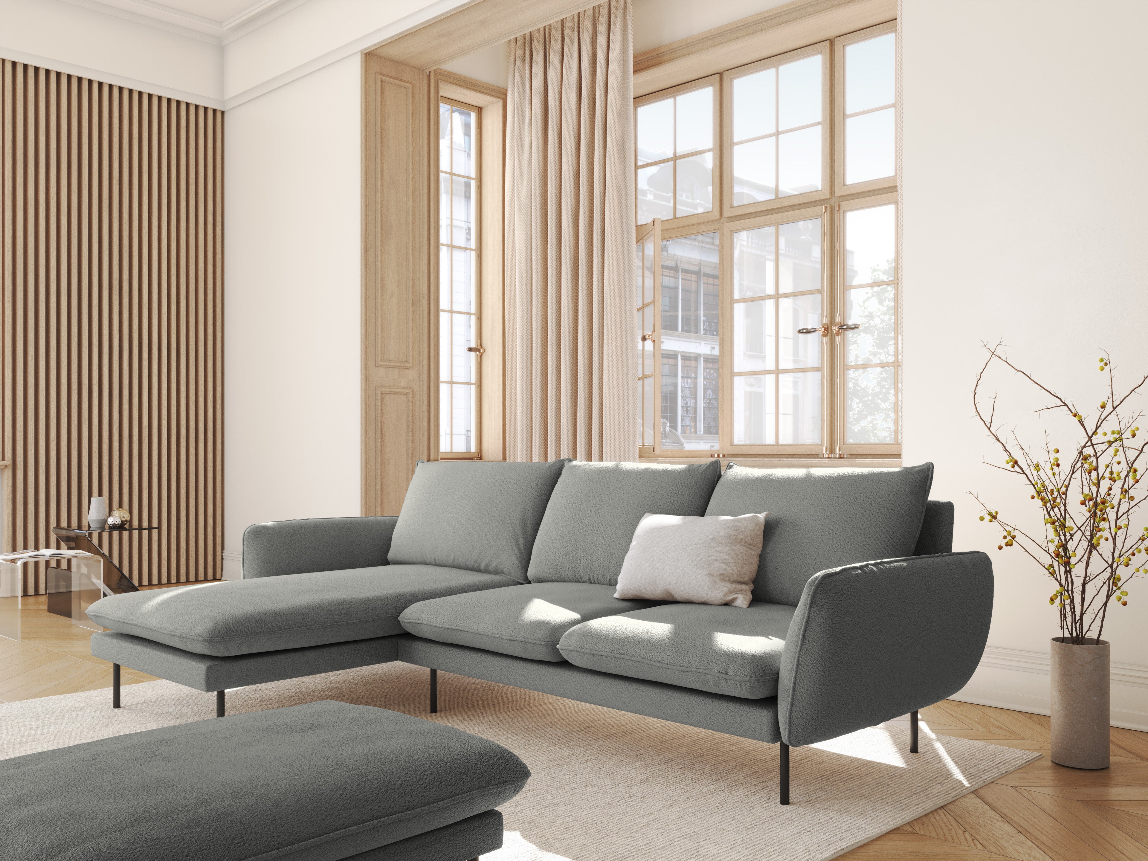 Šedý boucle levostranný rohový gauč pro 6 osob VIENNA s černým podstavcem