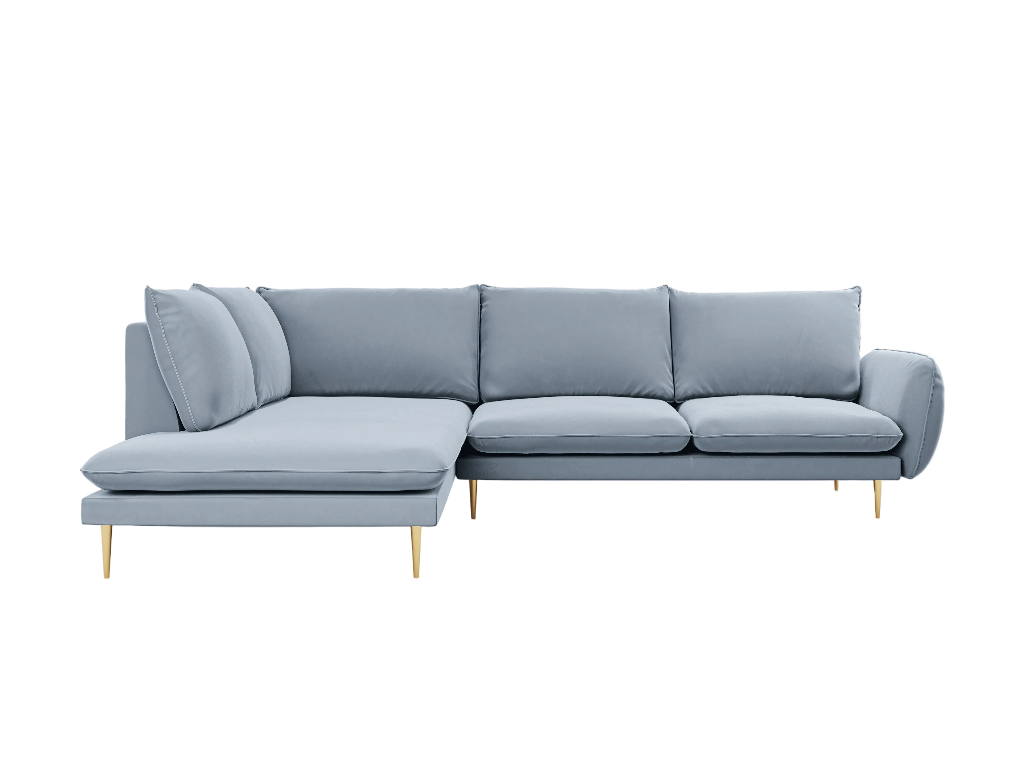Velvet corner sofa for 6 people, left-facing VIENNA in light blue with a gold base