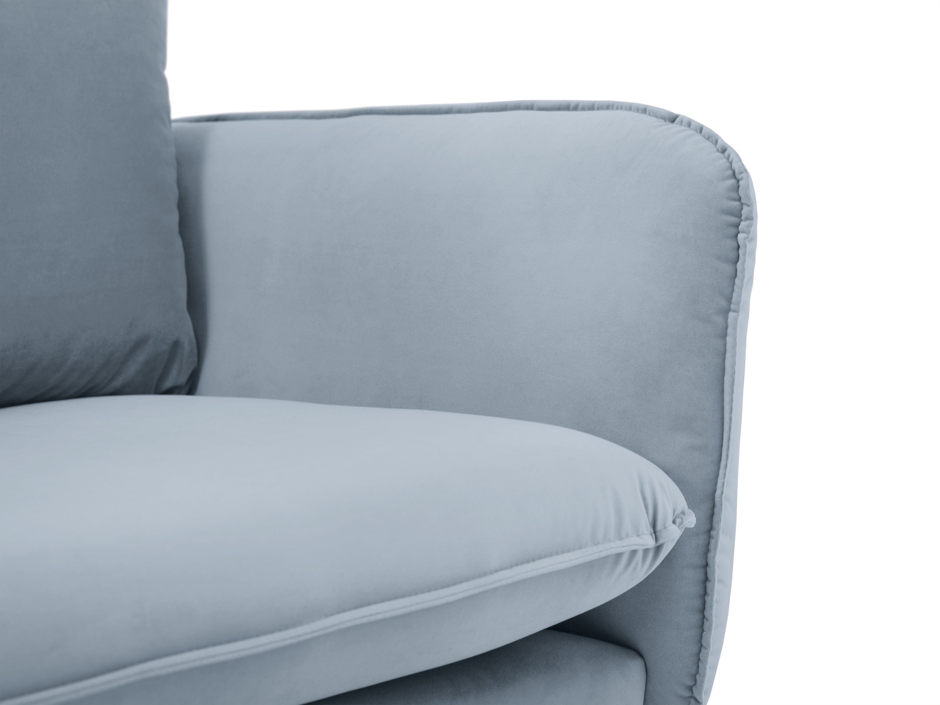 Velvet corner sofa for 6 people, left-facing VIENNA in light blue with a gold base