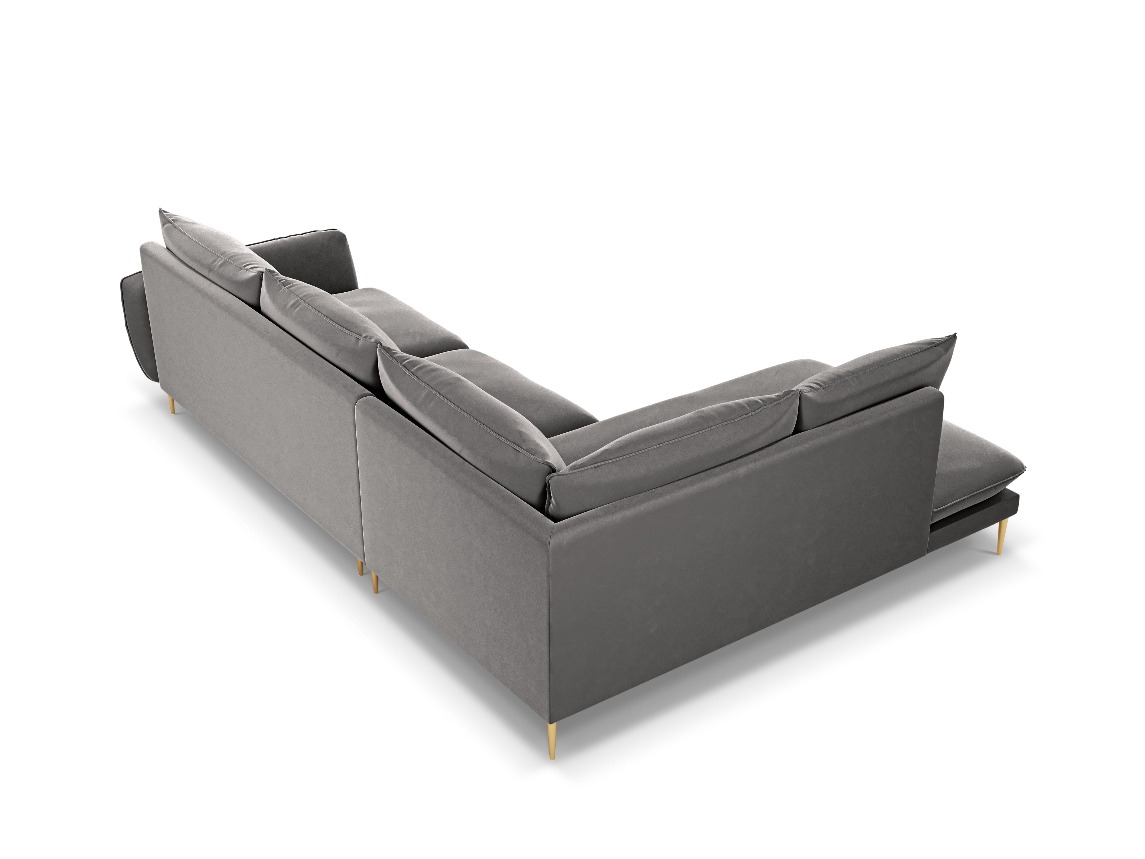 Velvet corner sofa for 6 people, left-facing VIENNA in light gray with a gold base