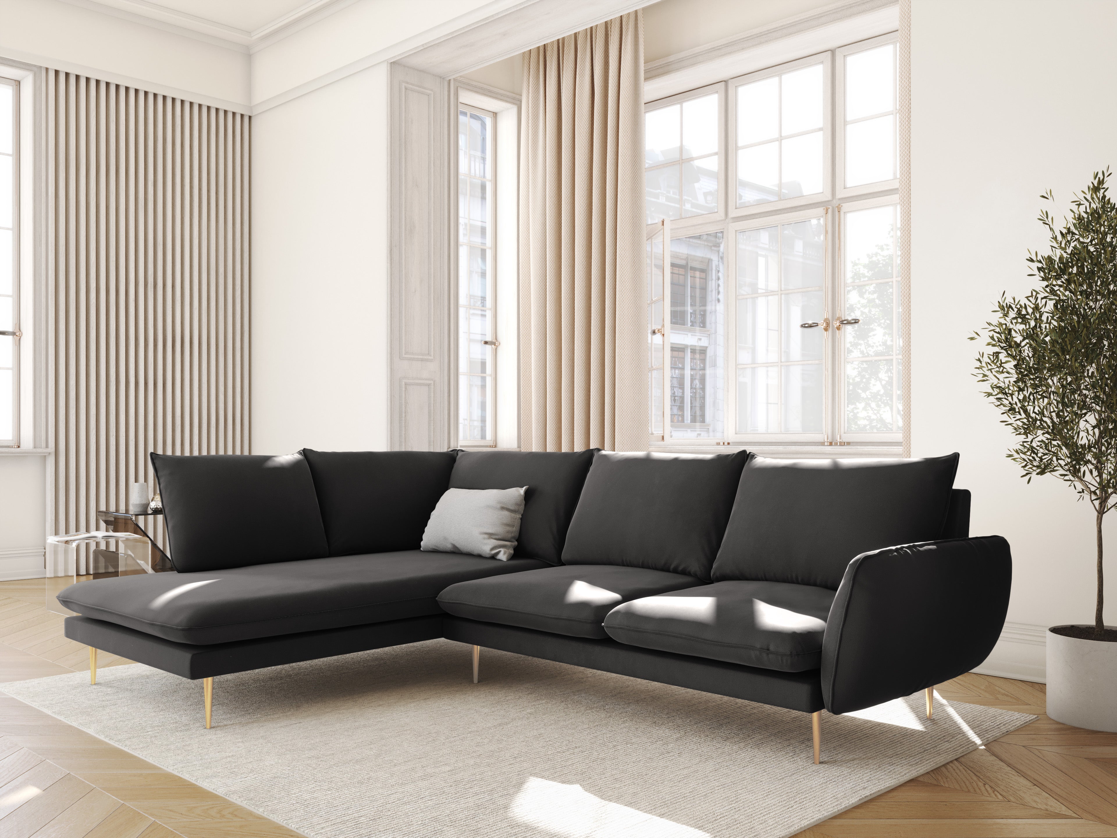 Velvet Corner Sofa for 6 People, Left Side VIENNA, Dark Gray with Gold Base