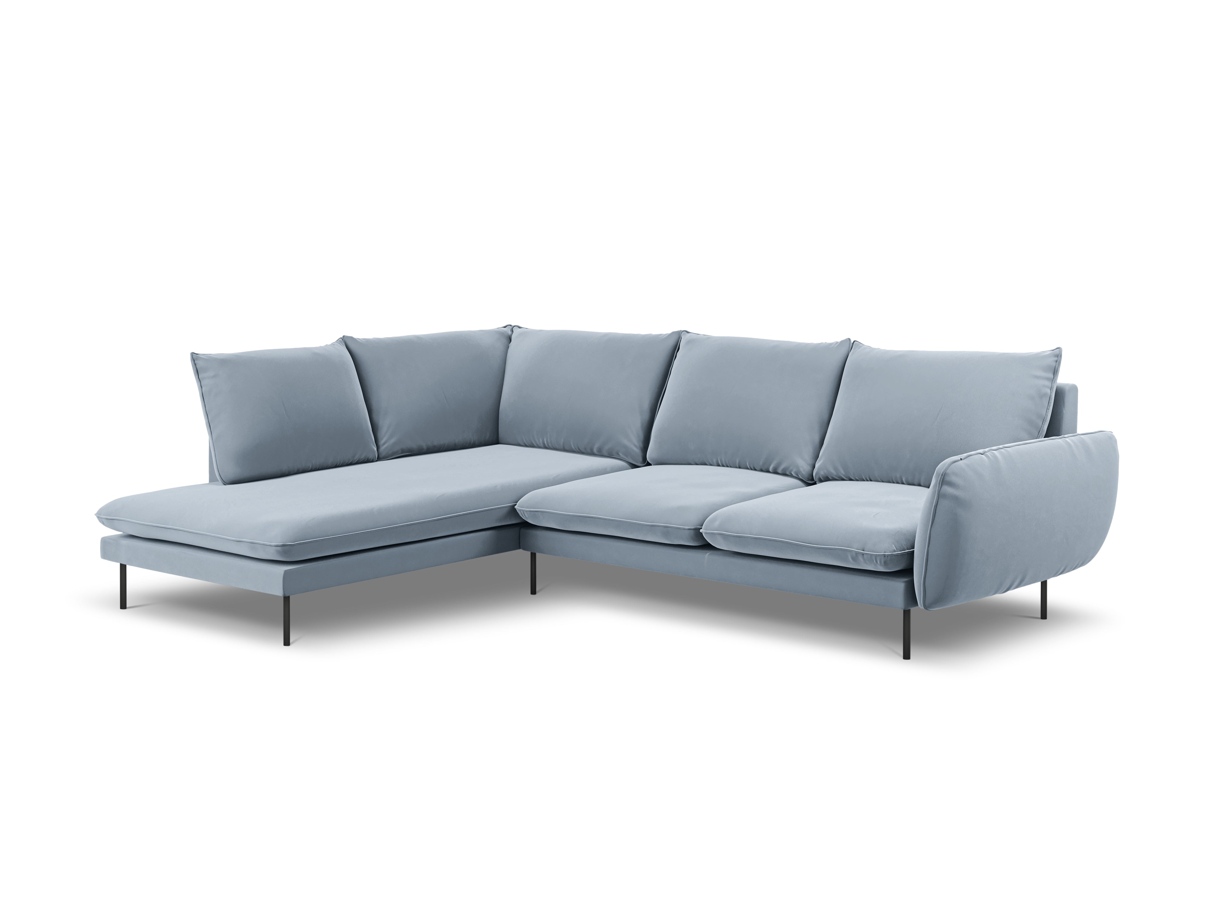 Velvet Corner Sofa for 6 People, Left Side, VIENNA, Light Blue with Black Base