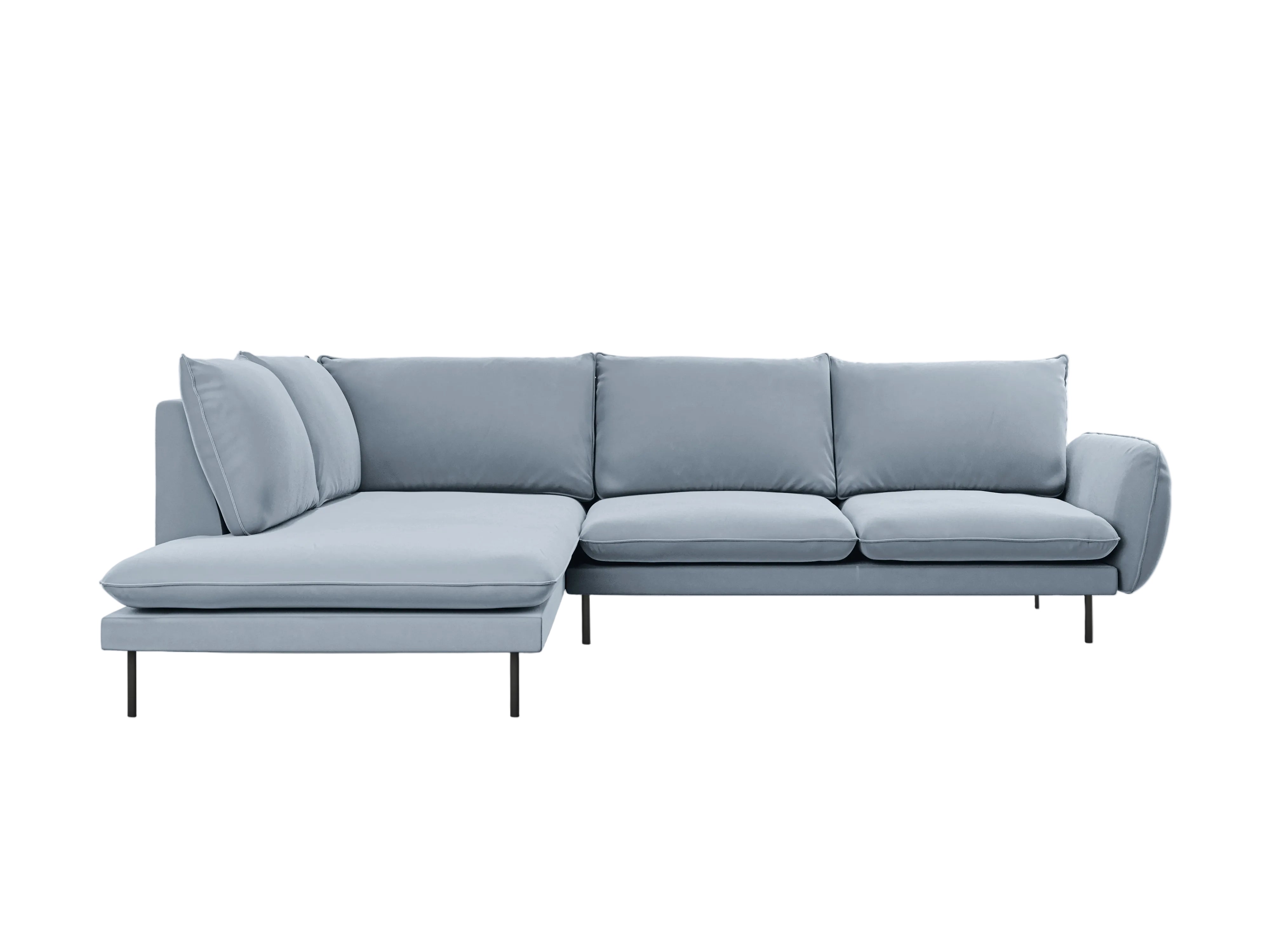 Velvet Corner Sofa for 6 People, Left Side, VIENNA, Light Blue with Black Base